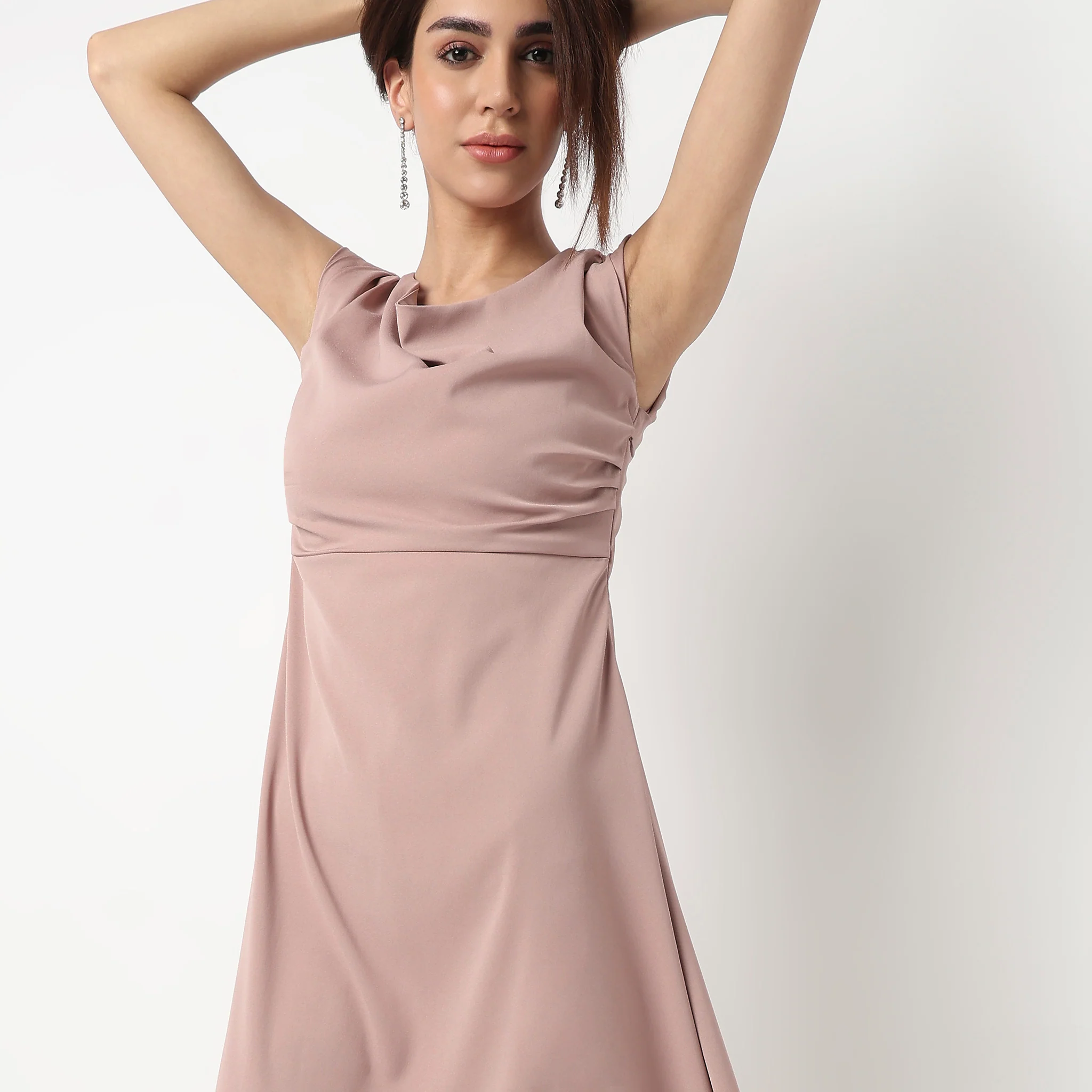 Solid Midi Dress With Draped Waist - Image 4