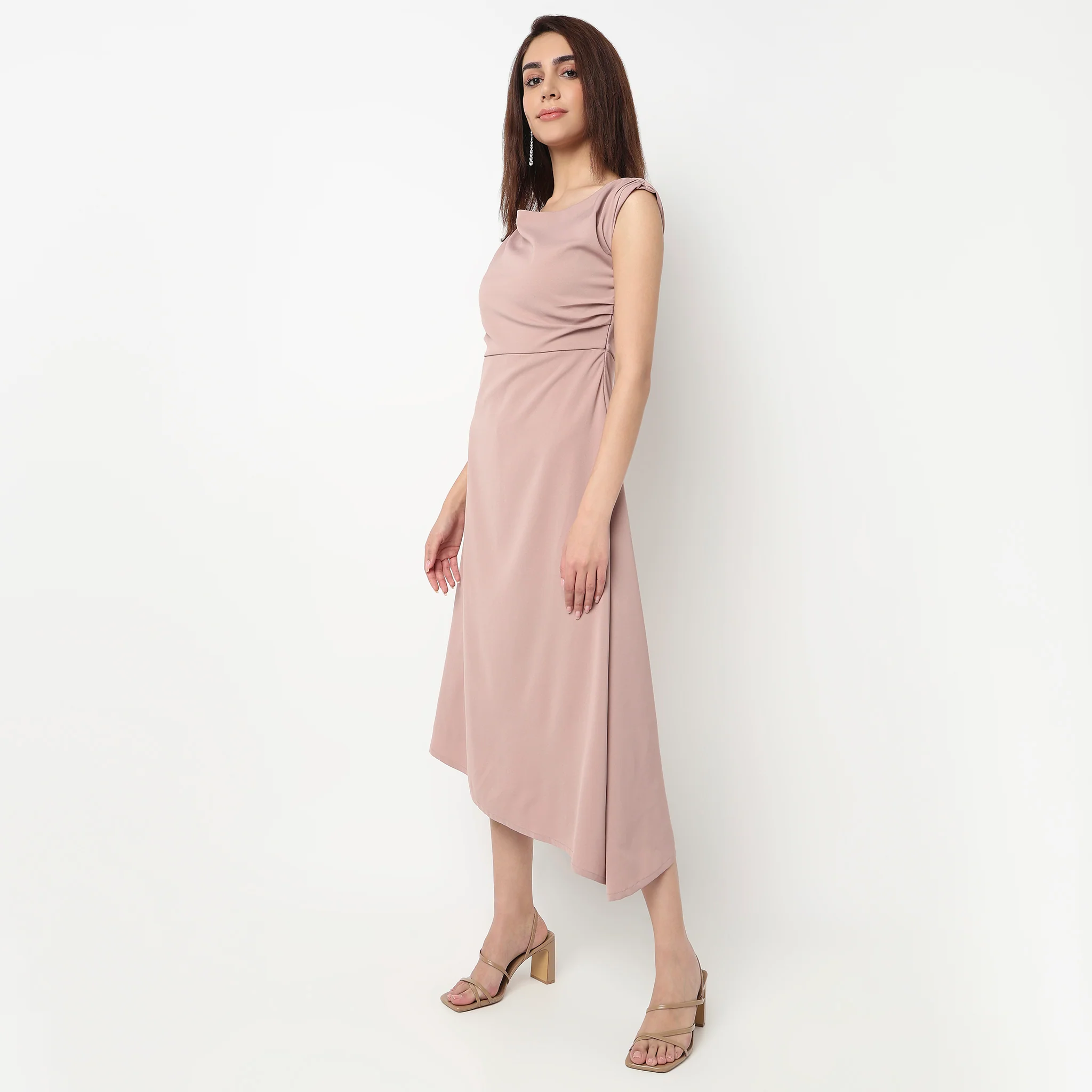 Solid Midi Dress With Draped Waist - Image 5