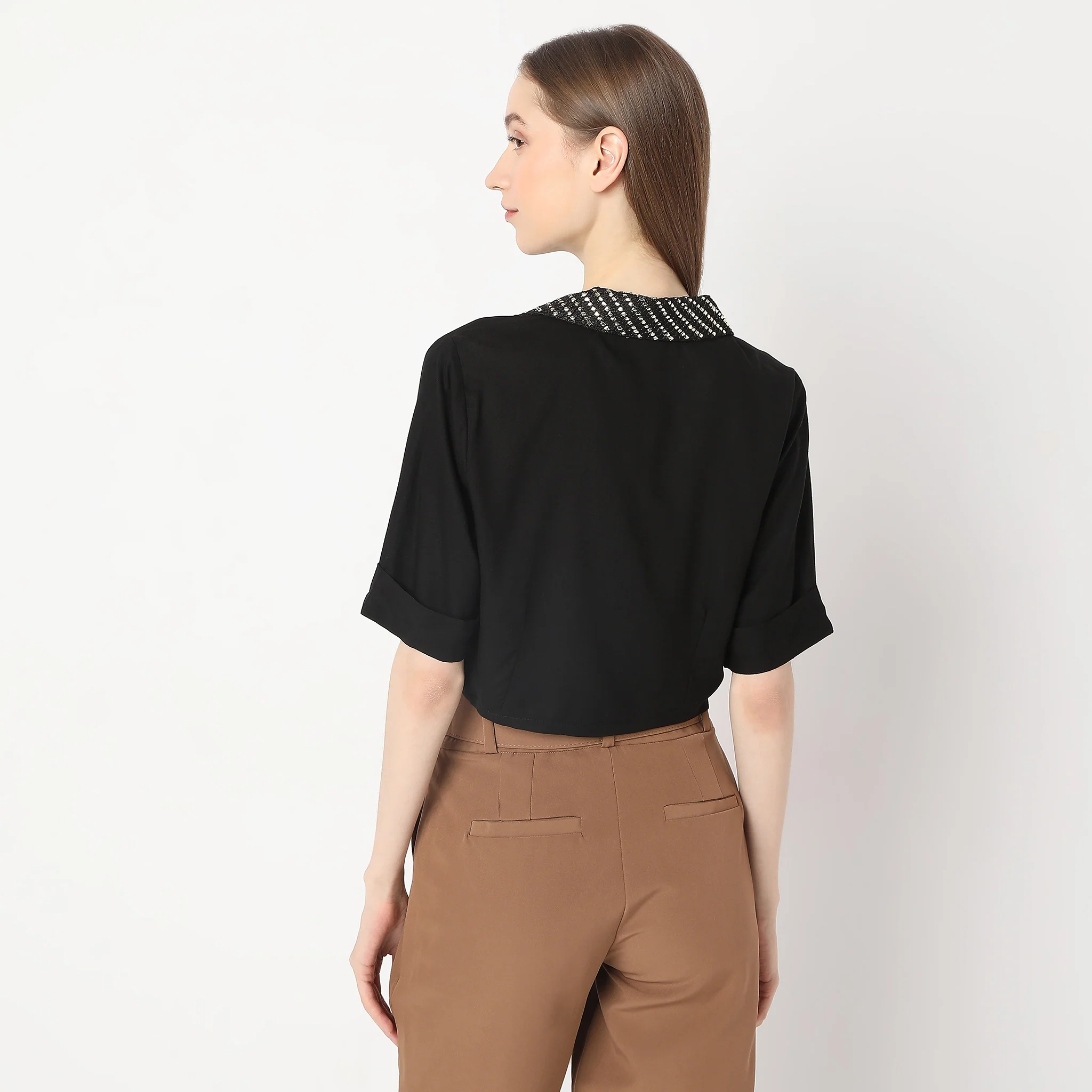 Solid Top With Embellished Collar Crop Top - Image 3