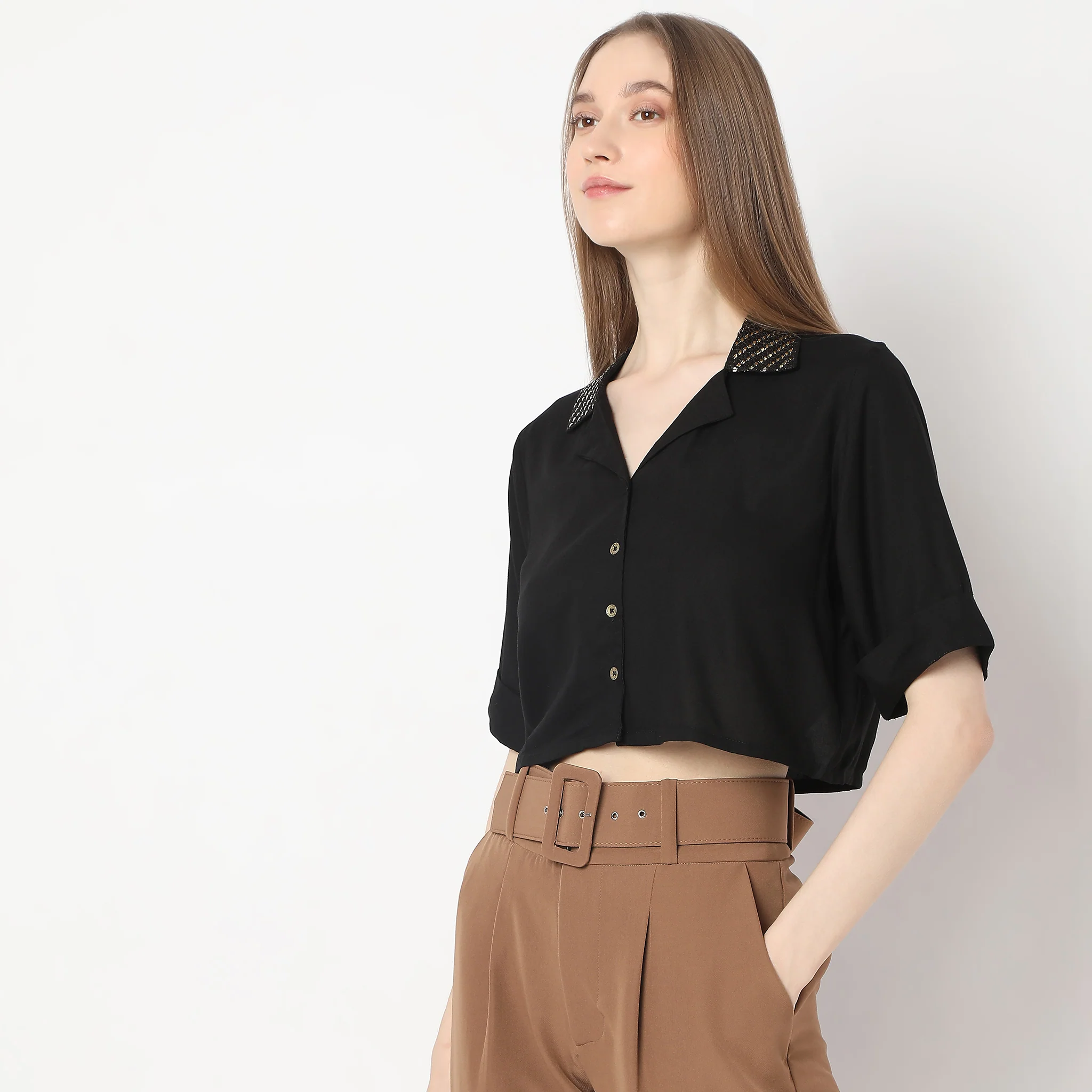 Solid Top With Embellished Collar Crop Top - Image 5