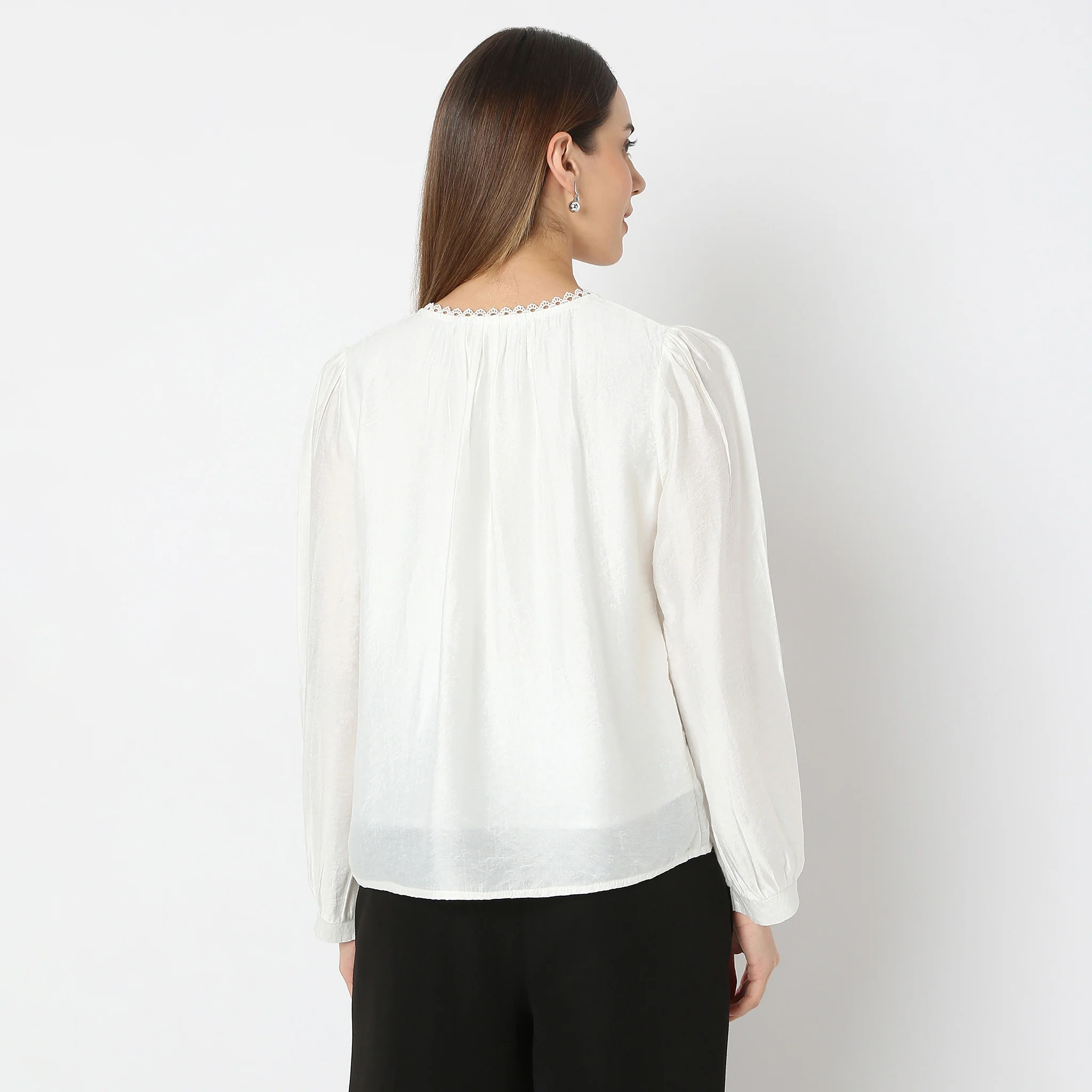 Solid U-Neck Full Sleeve Woven Top - Image 3