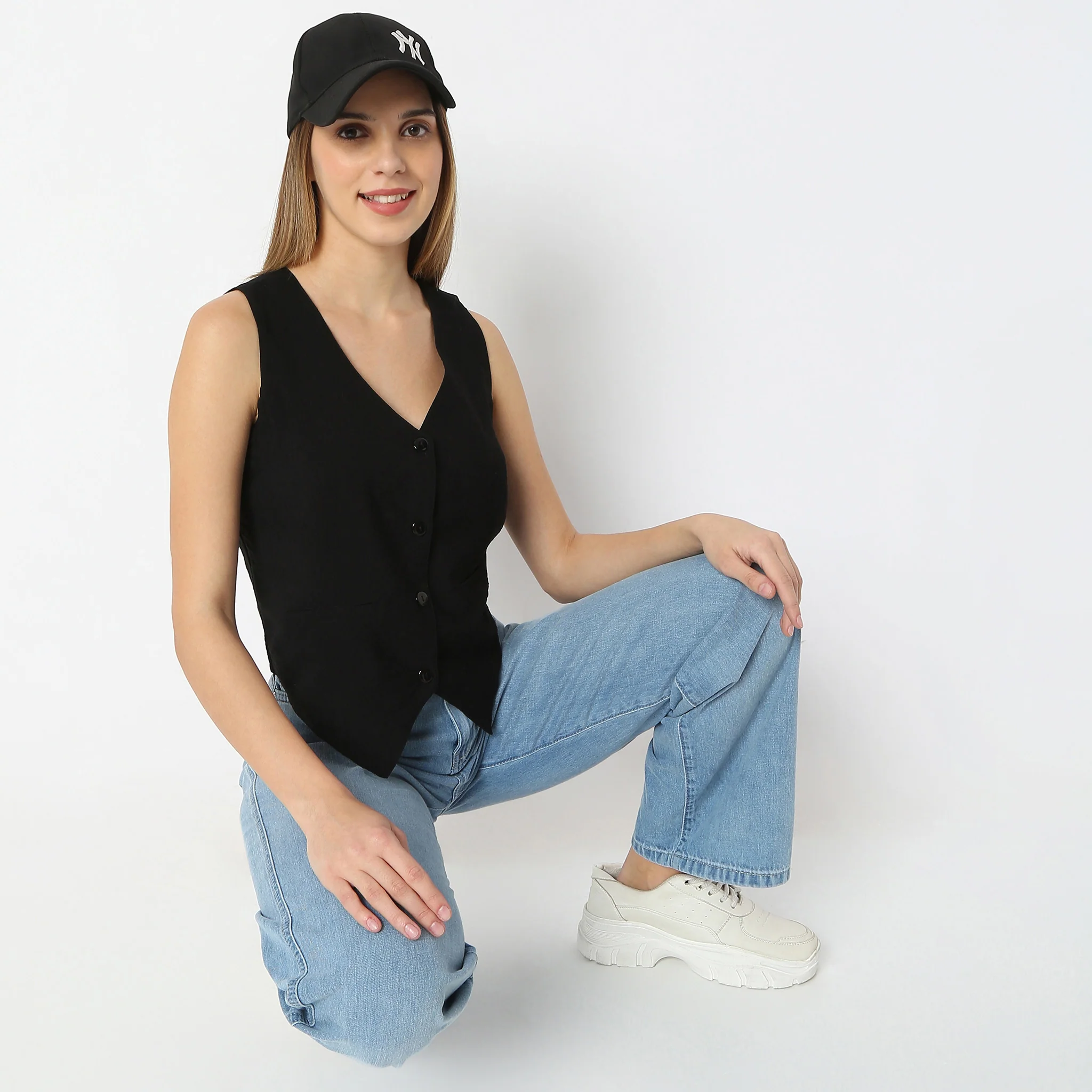 Solid V-Neck Sleeveless Top