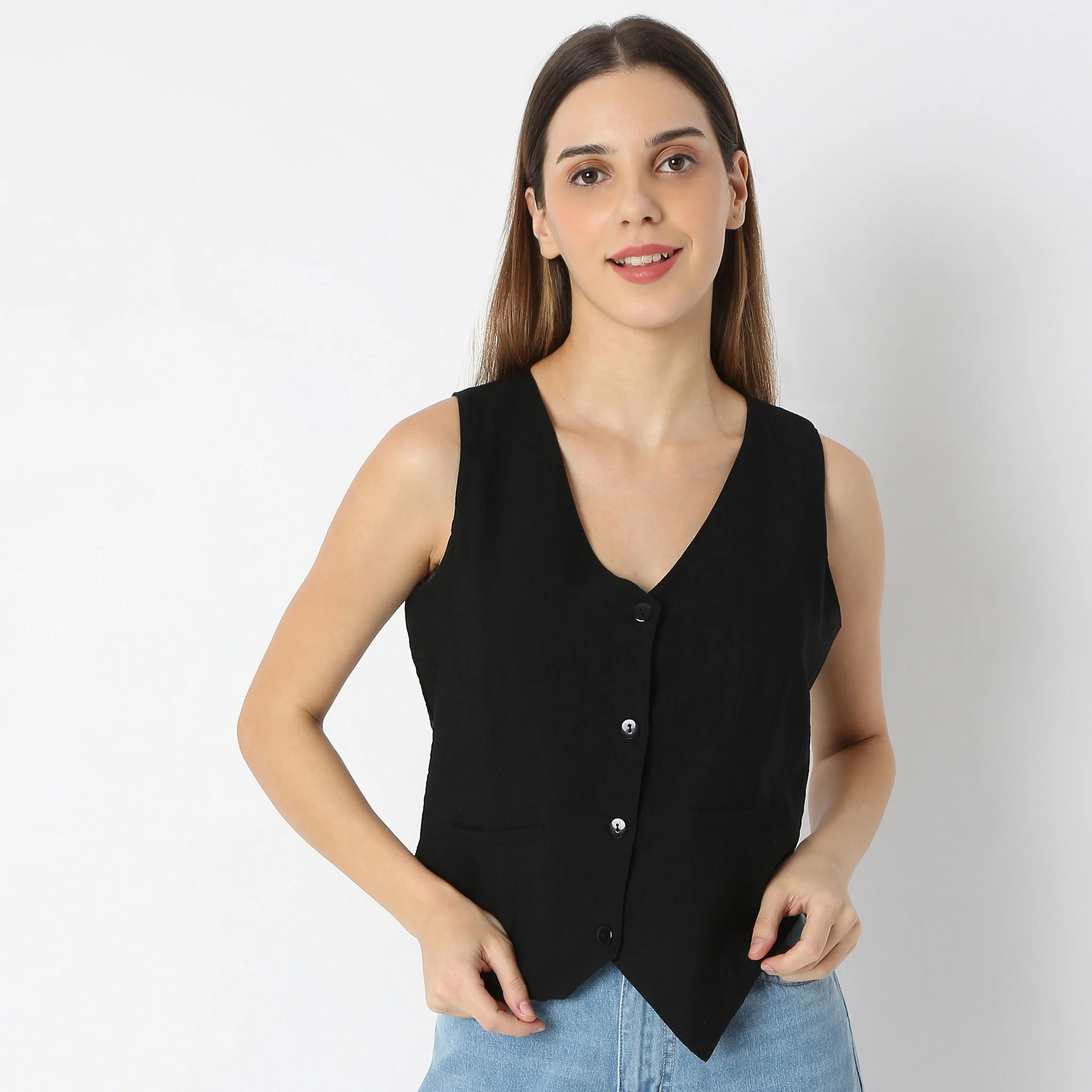 Solid V-Neck Sleeveless Top - Image 2