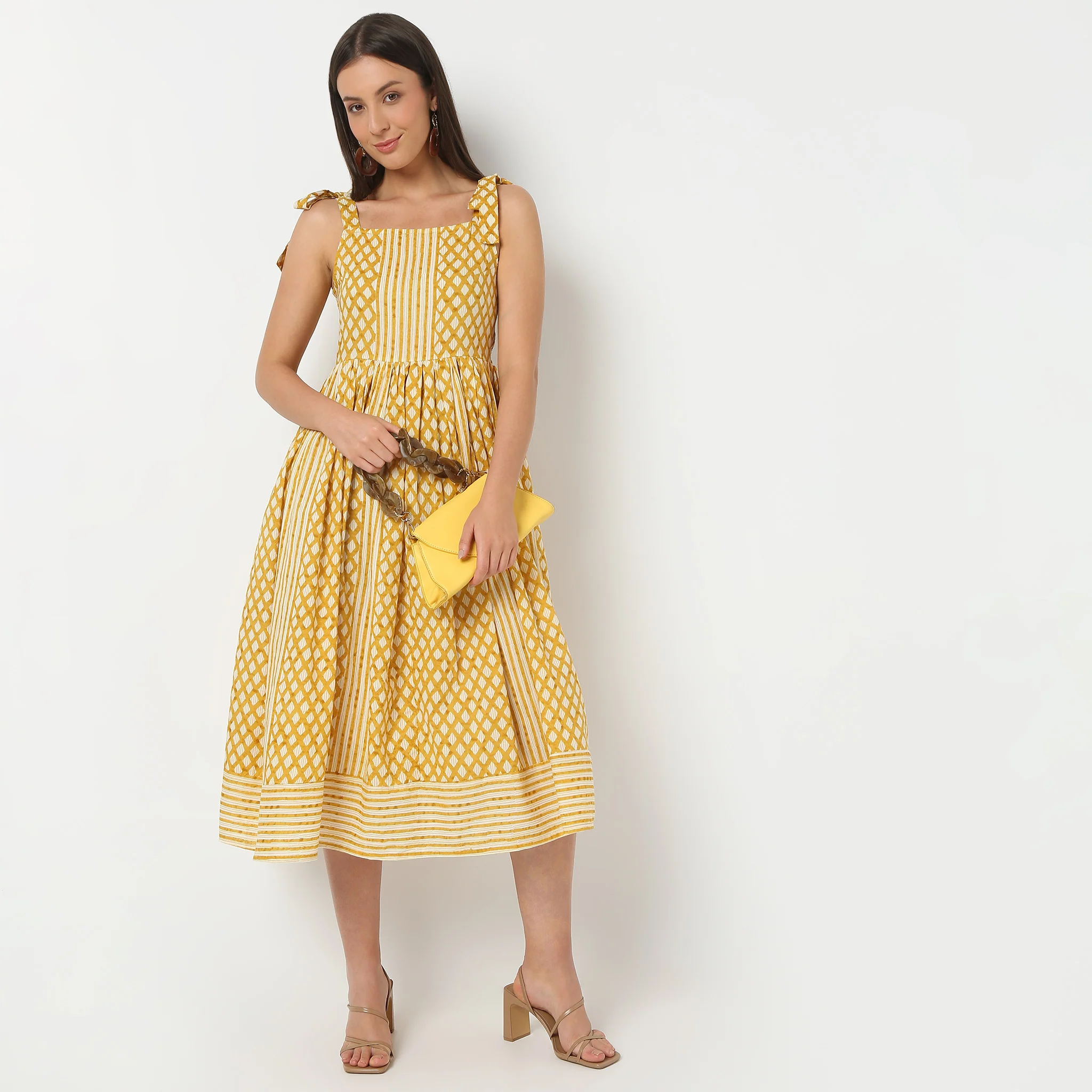 Square Neck Calf Length Printed Flare Fit Strap Dress