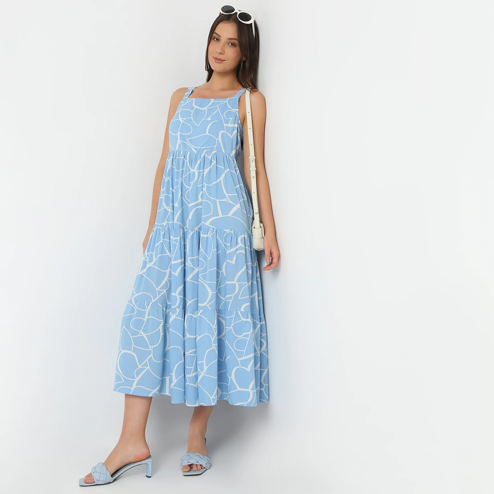 Square Neck Printed Flare Fit Strap Dress