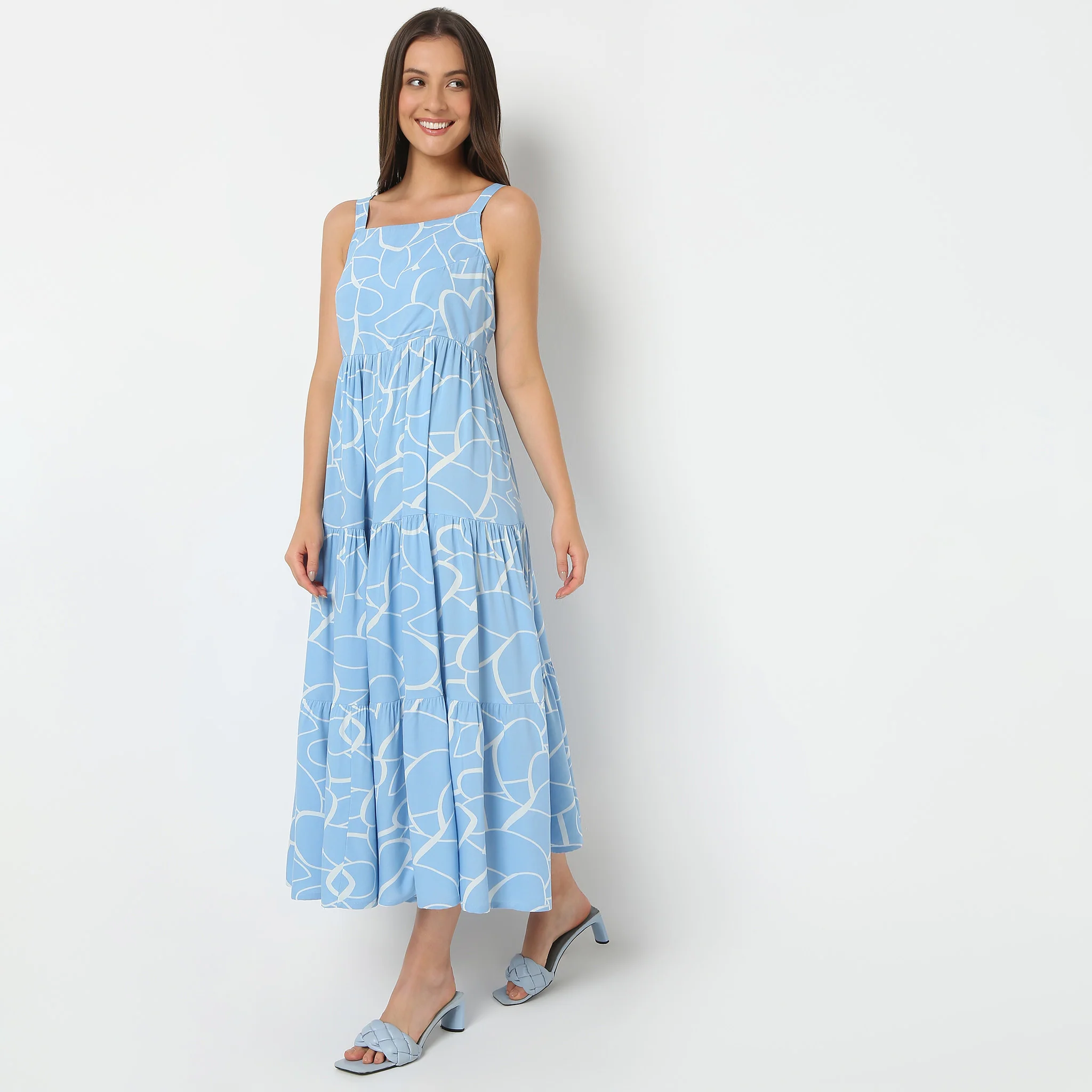 Square Neck Printed Flare Fit Strap Dress - Image 4