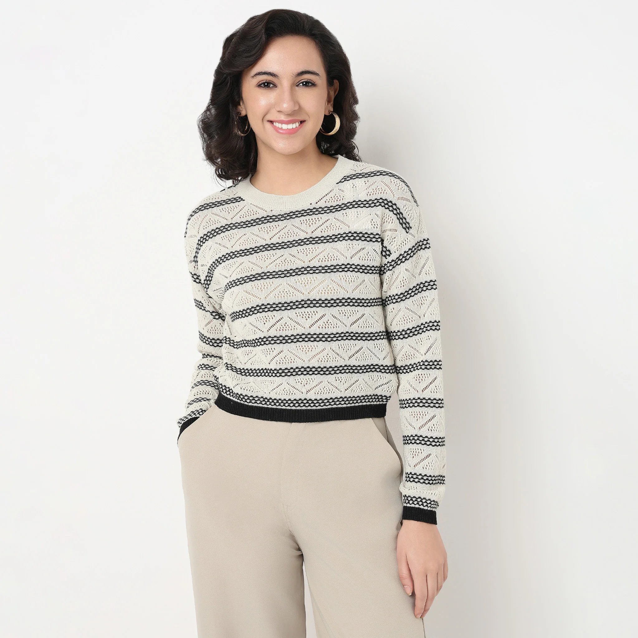Stipped Flat Knit Cropped Sweater - Image 2