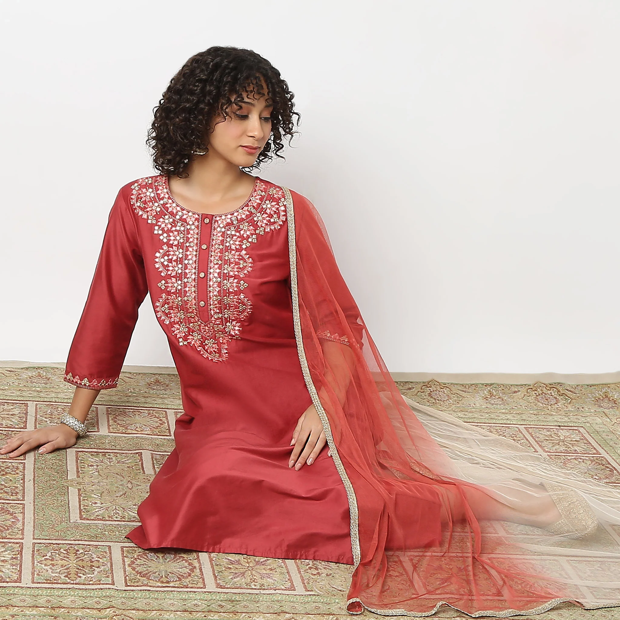 Straight Fit Embellished Kurta And Pant With Dupatta Set