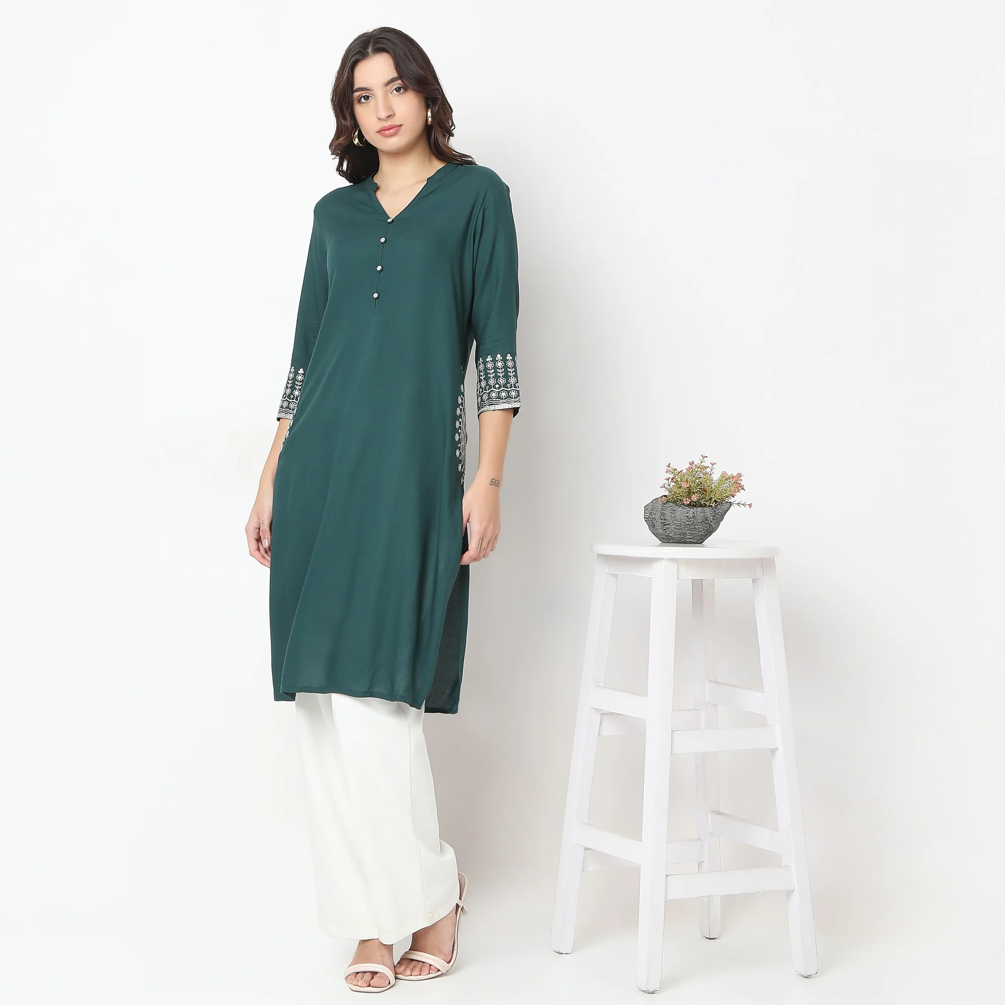 Straight Fit Embroidered A-Line Kurta