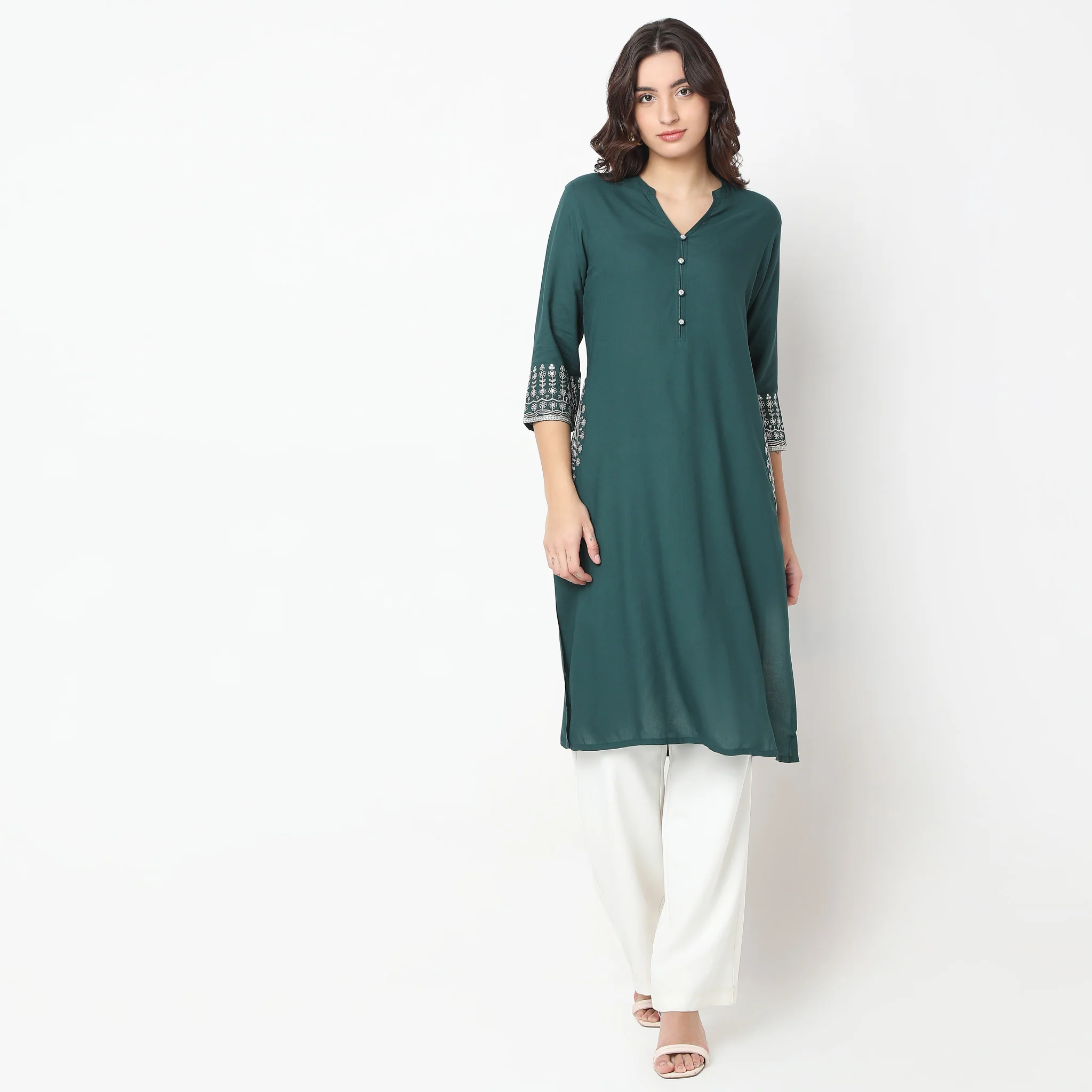 Straight Fit Embroidered A-Line Kurta - Image 2