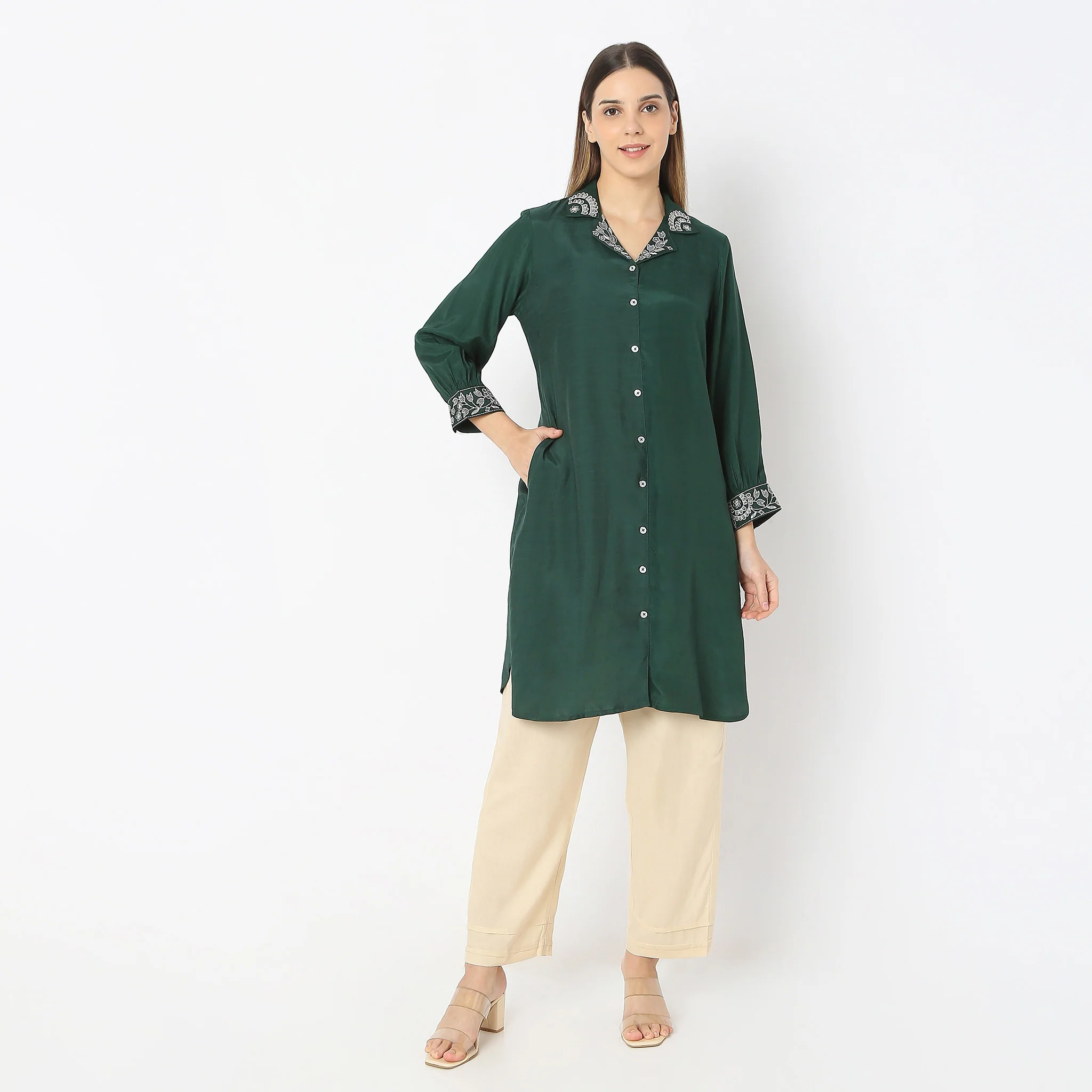 Straight Fit Embroidered Above Knee Camp Collar Kurta - Image 2