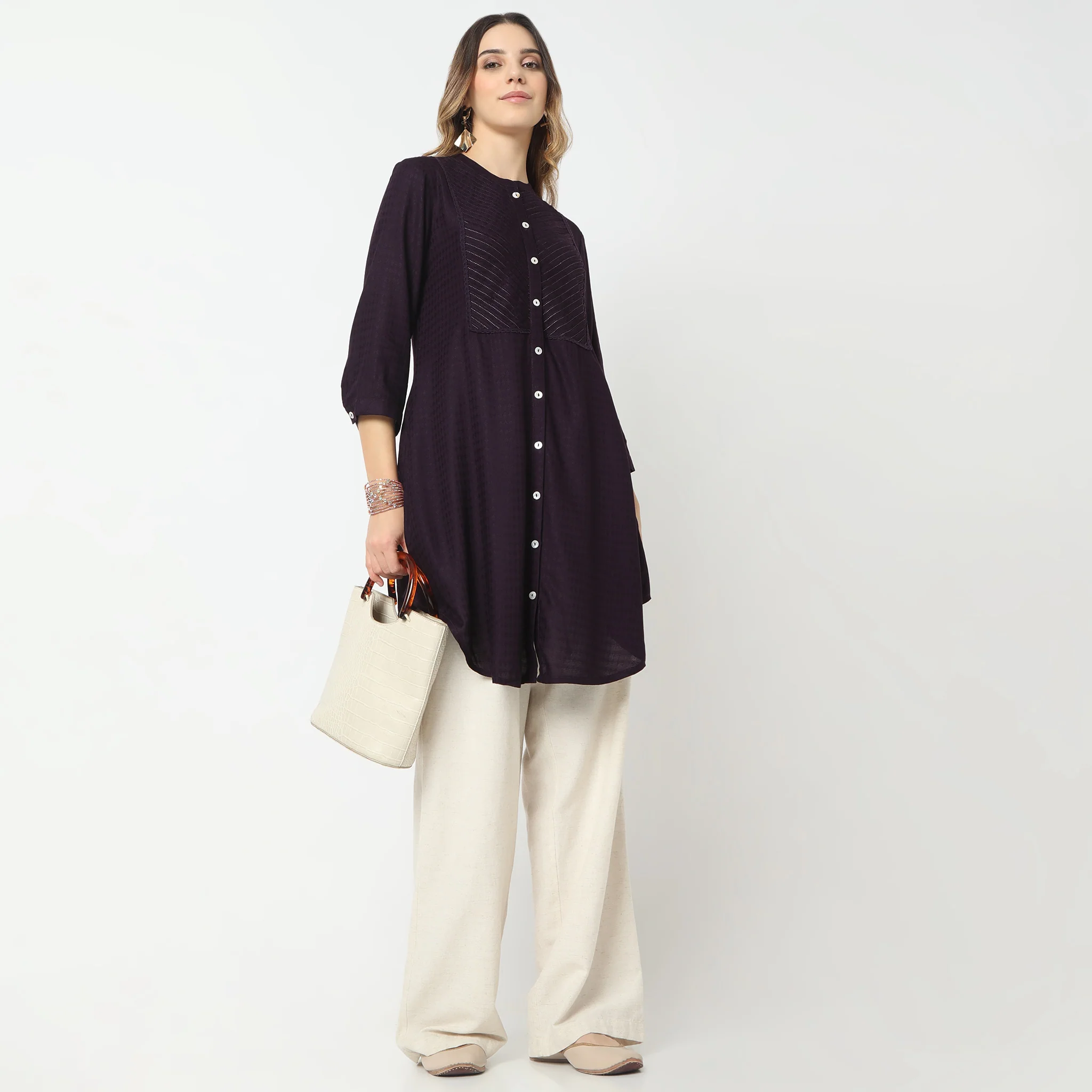 Embroidered Band Neck Kurta With Highlight Of Sequence Work