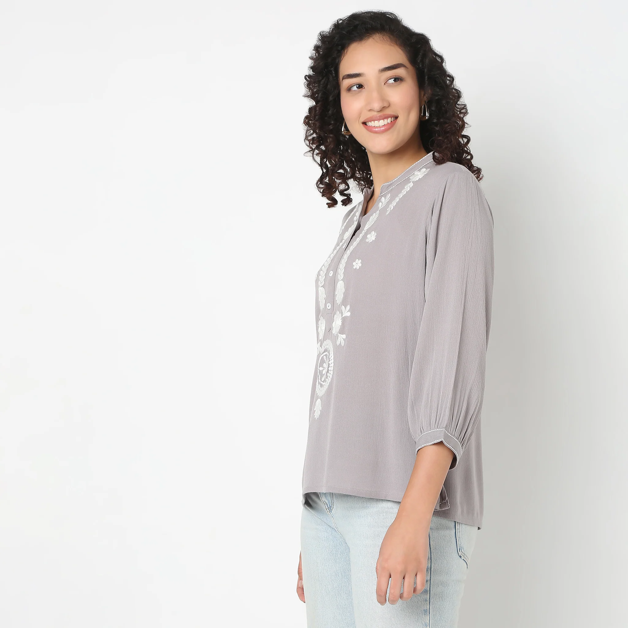 Band Neck Three-Fourth Sleeve Straight Fit Embroidered Tunic - Image 10