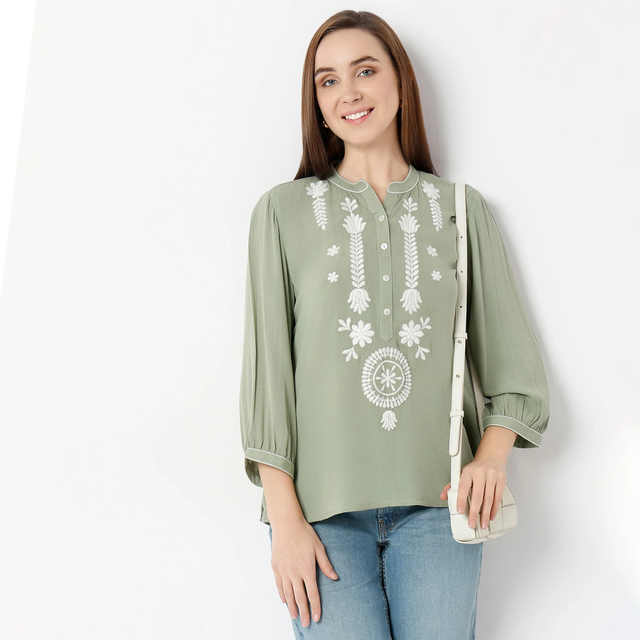 Band Neck Three-Fourth Sleeve Straight Fit Embroidered Tunic - Image 2