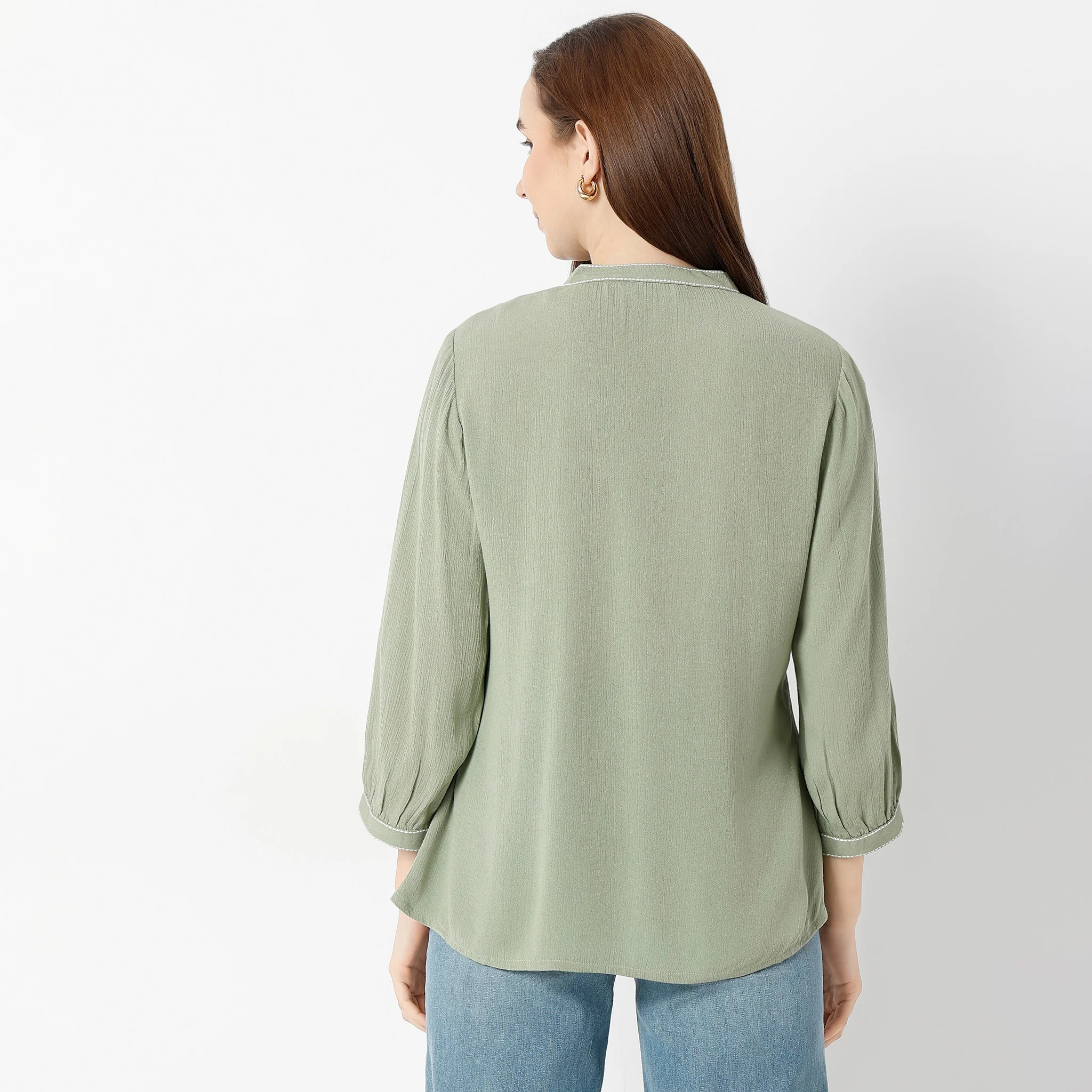 Band Neck Three-Fourth Sleeve Straight Fit Embroidered Tunic - Image 3