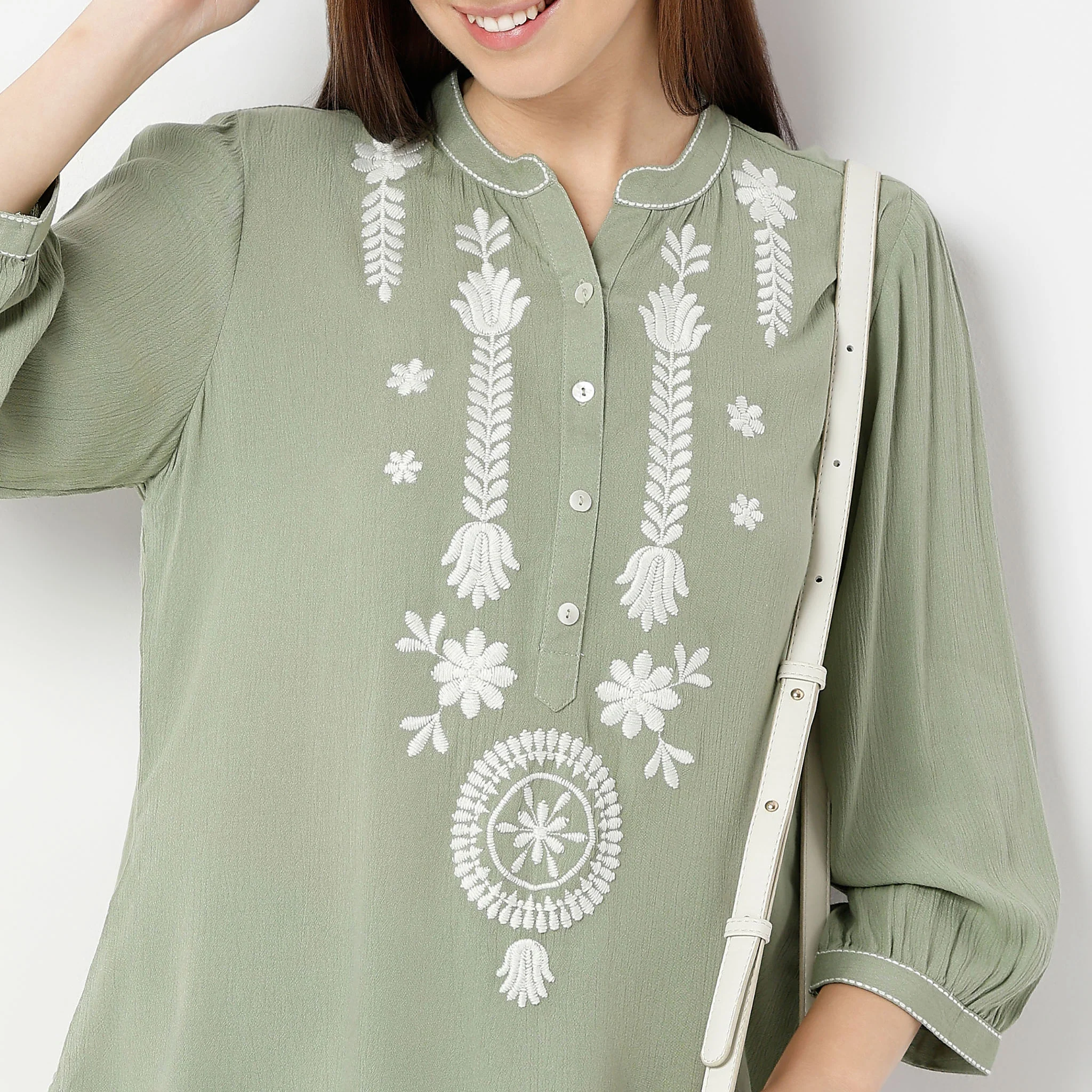 Band Neck Three-Fourth Sleeve Straight Fit Embroidered Tunic - Image 4