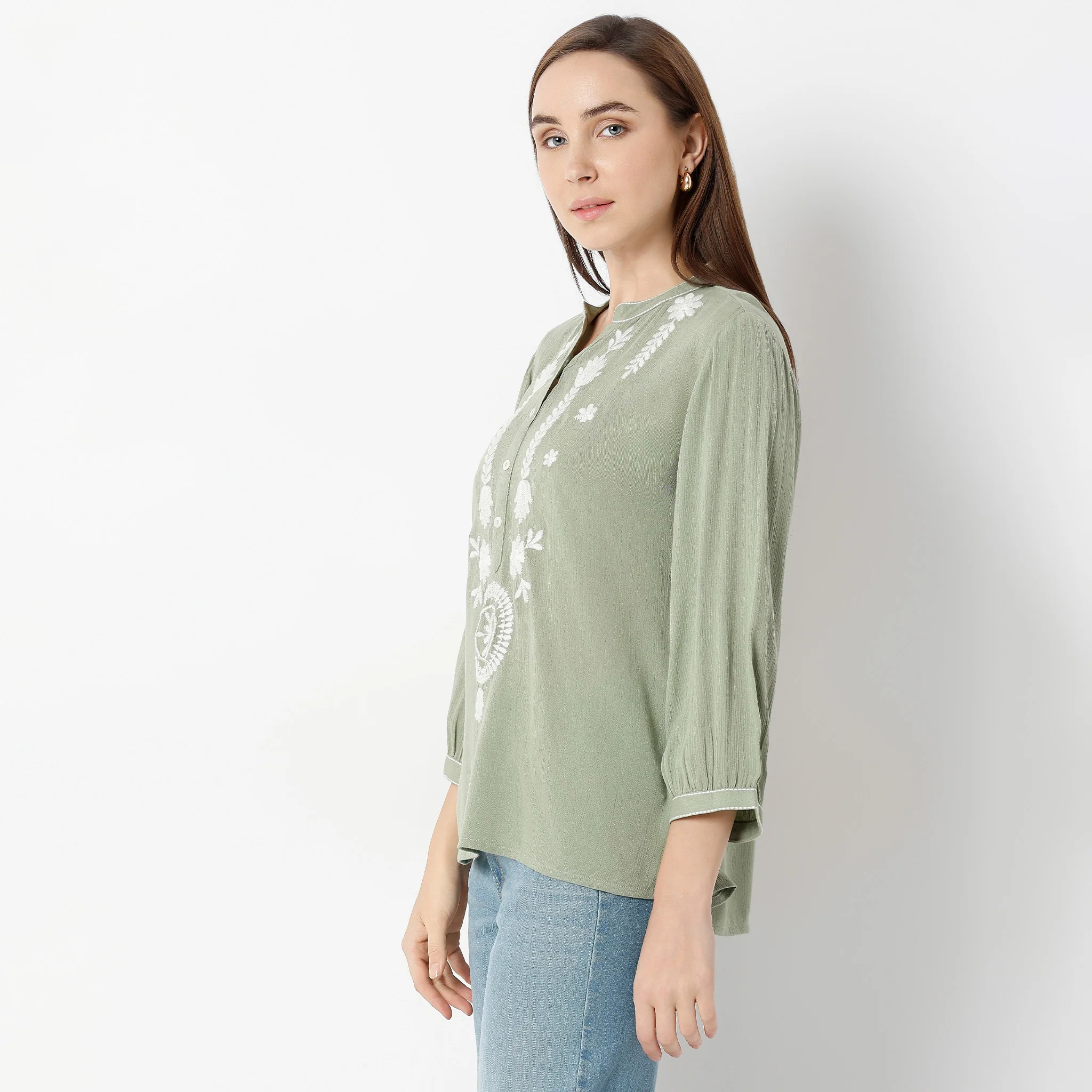 Band Neck Three-Fourth Sleeve Straight Fit Embroidered Tunic - Image 5