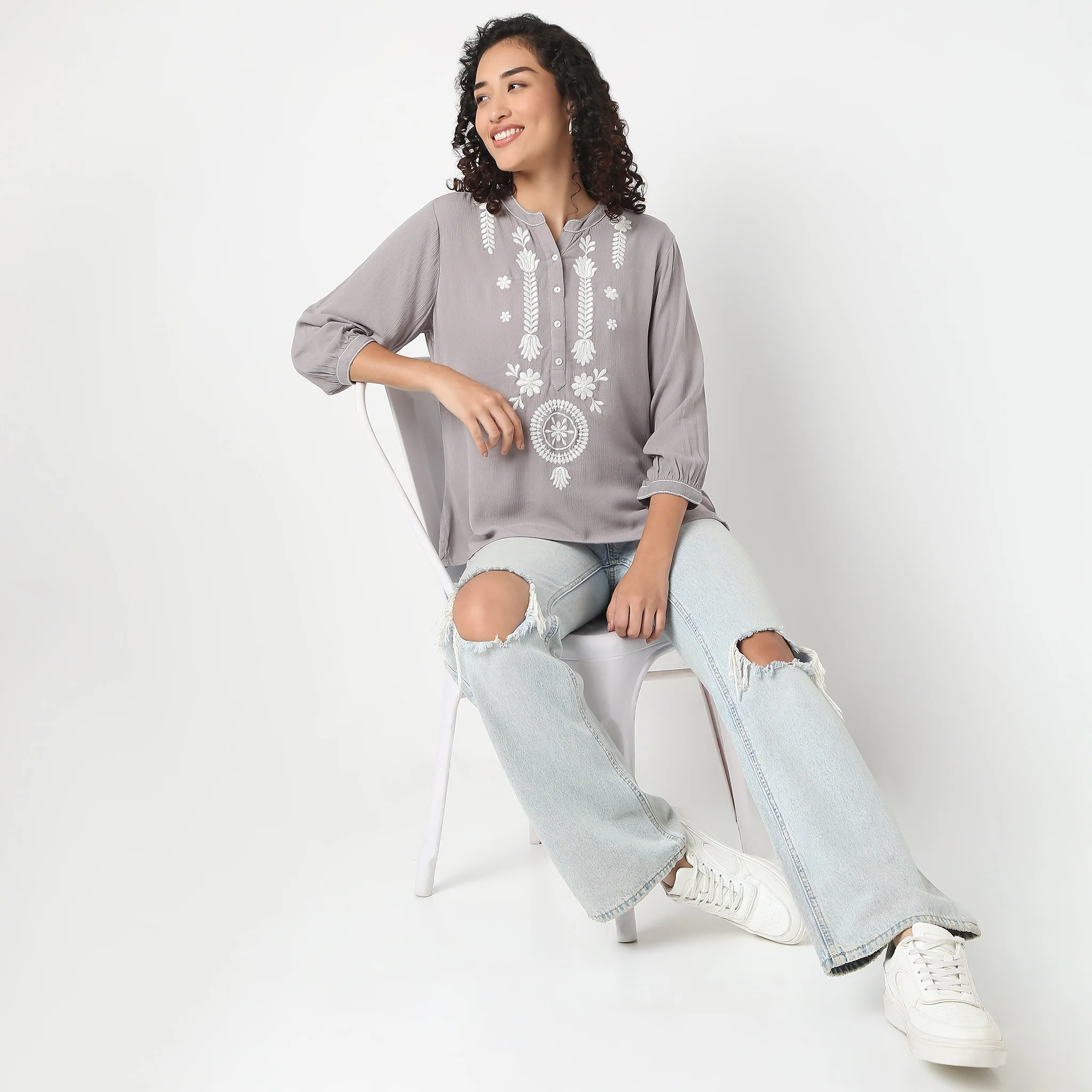 Band Neck Three-Fourth Sleeve Straight Fit Embroidered Tunic - Image 6