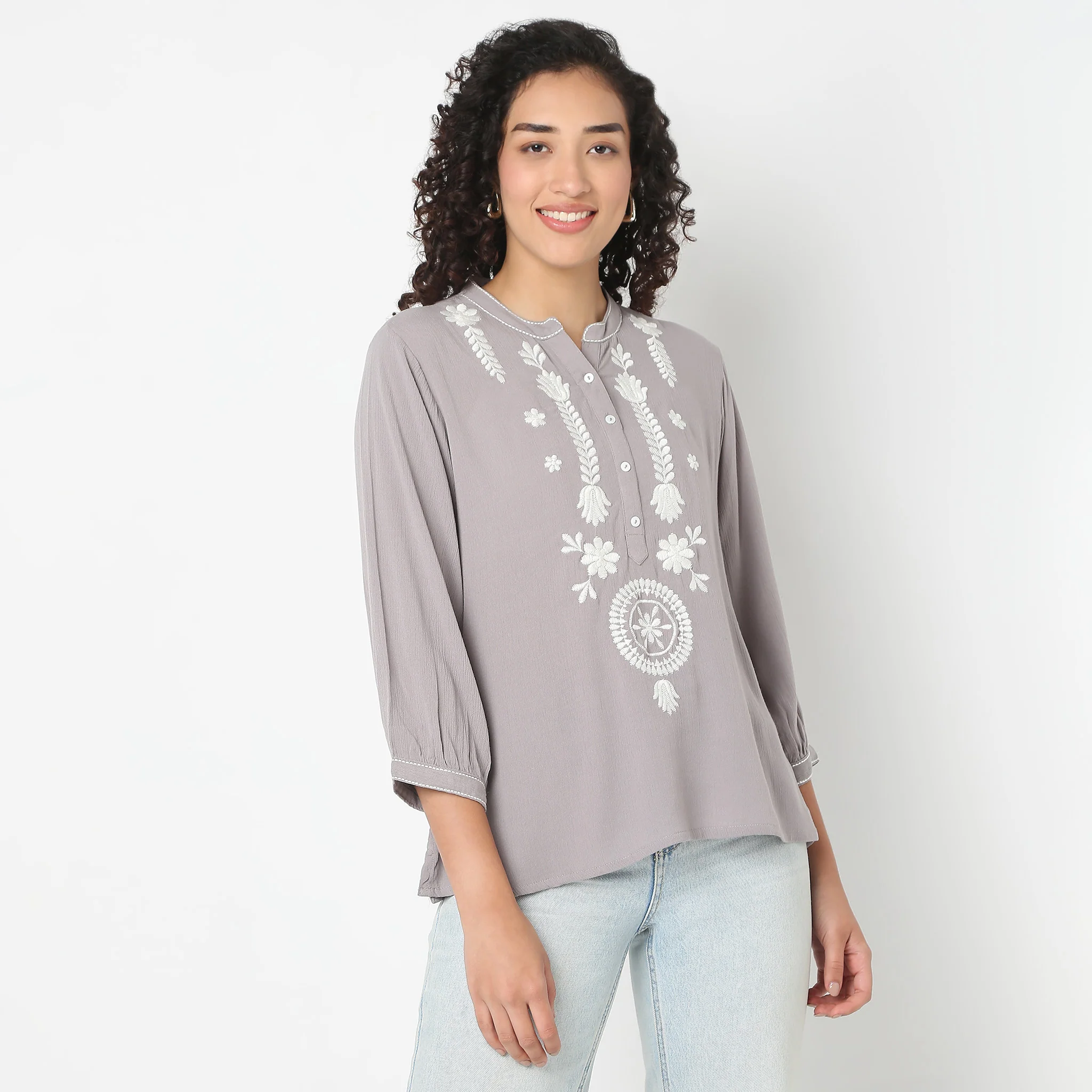Band Neck Three-Fourth Sleeve Straight Fit Embroidered Tunic - Image 7