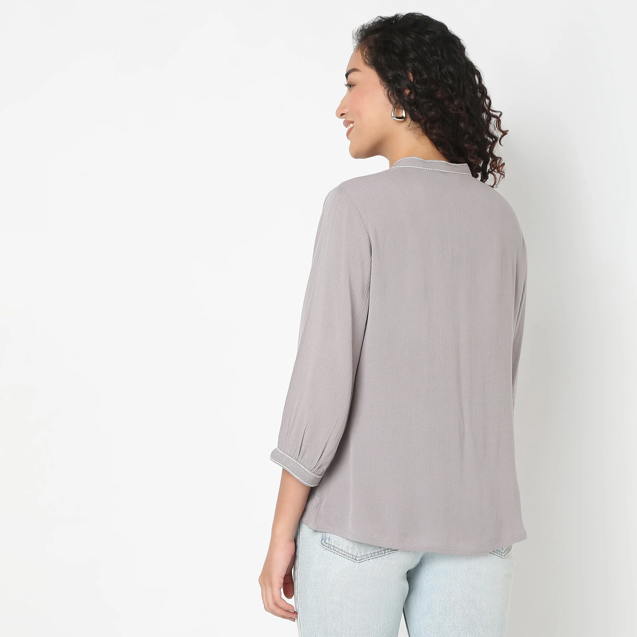 Band Neck Three-Fourth Sleeve Straight Fit Embroidered Tunic - Image 8