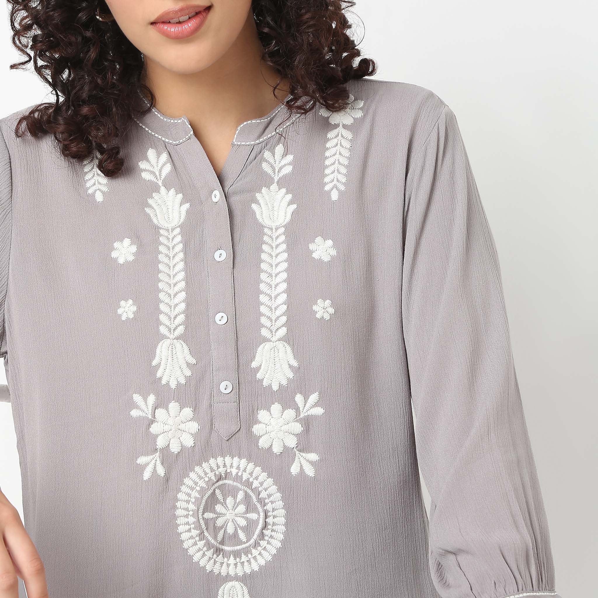 Band Neck Three-Fourth Sleeve Straight Fit Embroidered Tunic - Image 9