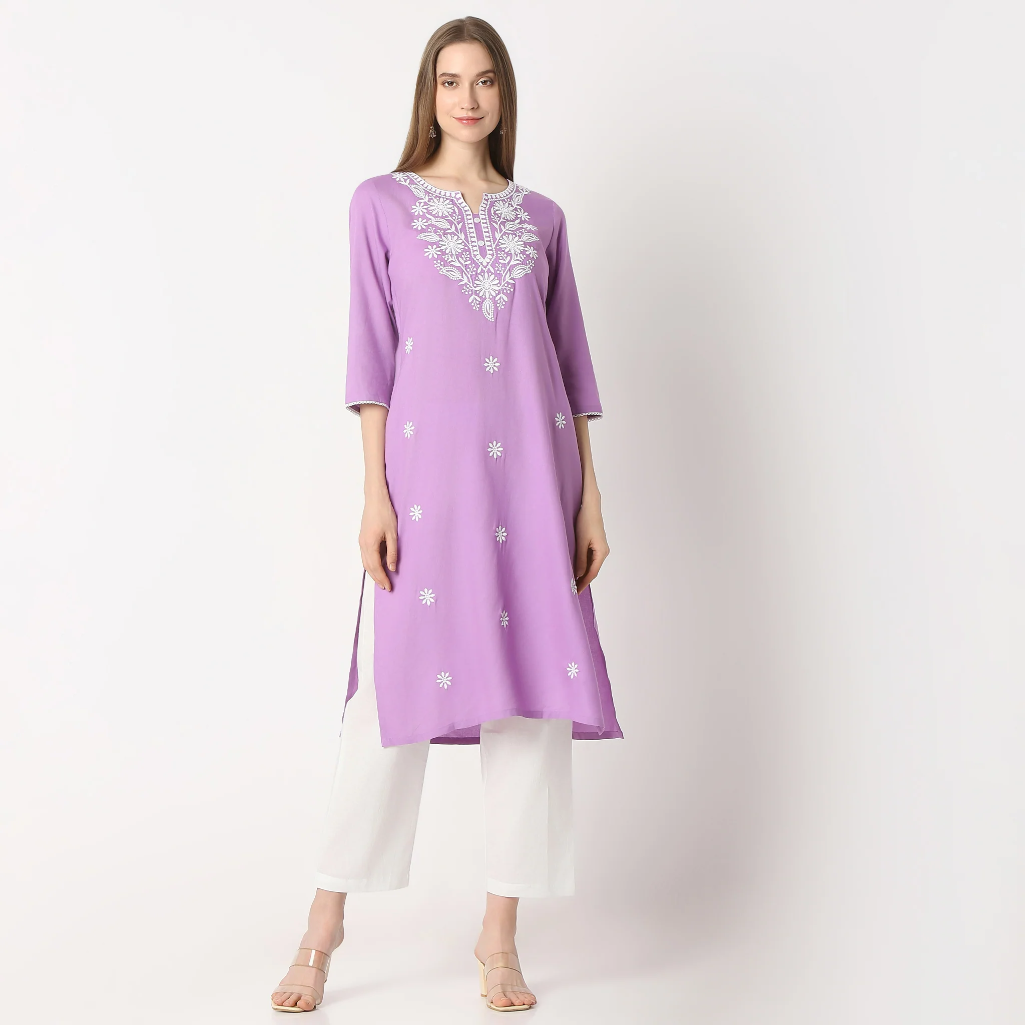 Straight Fit Embroidered Below Knee Kurta - Image 2