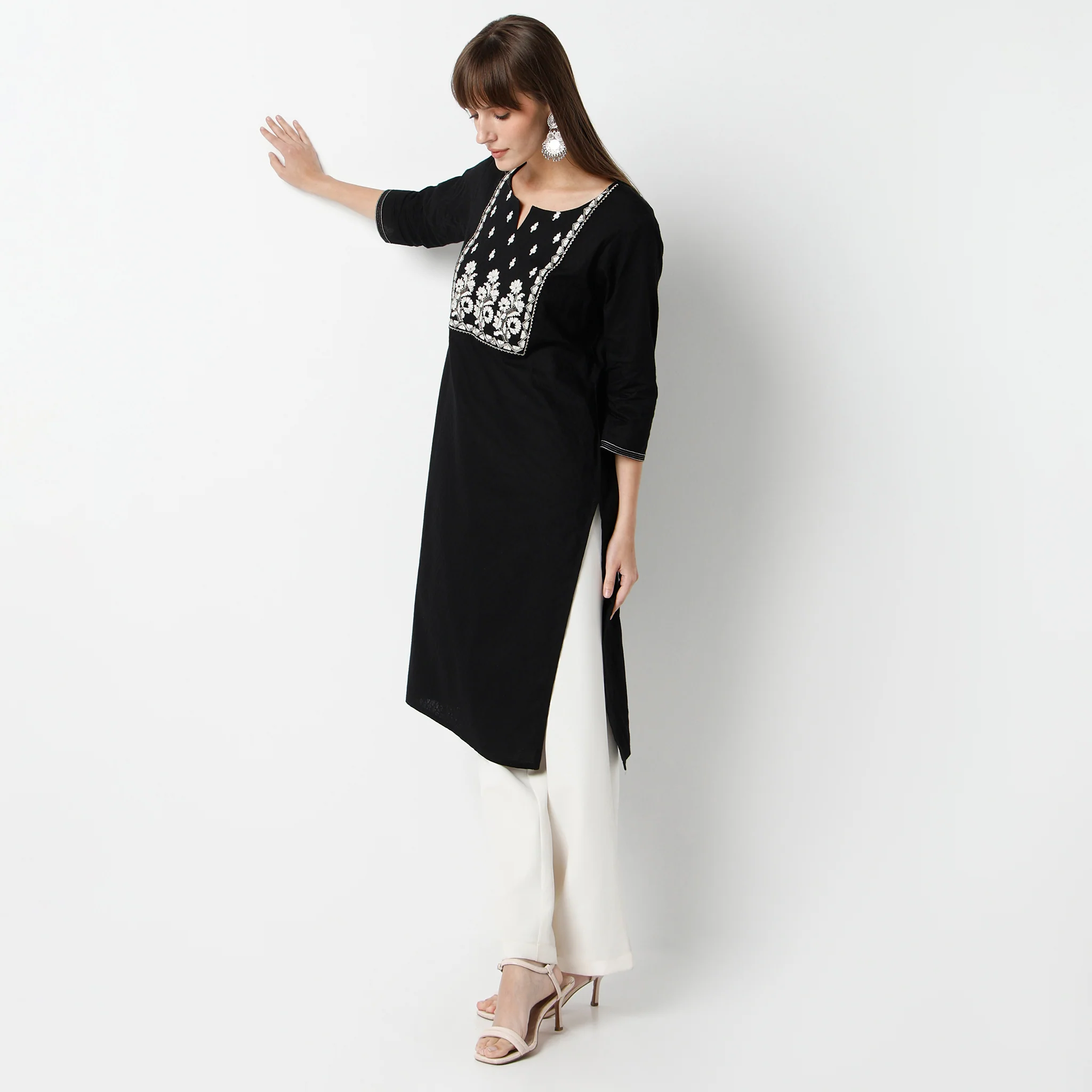 Straight Fit Calf Length Straight Embroidered Yoke - Cotton Dobby Long Kurta - Image 2