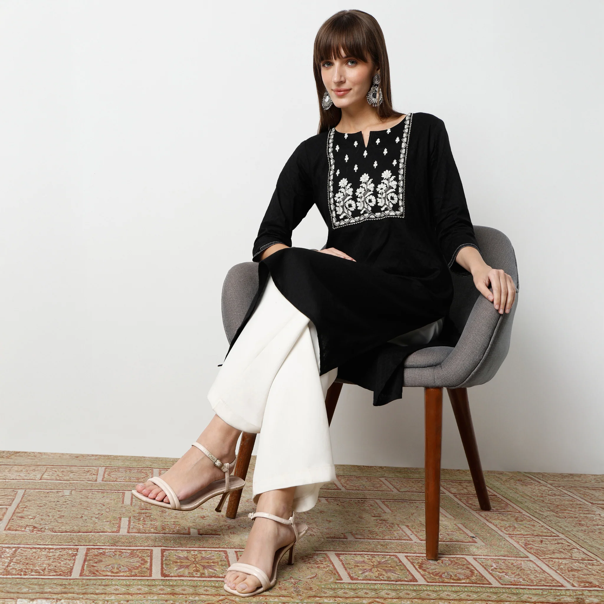 Straight Fit Calf Length Straight Embroidered Yoke - Cotton Dobby Long Kurta - Image 4