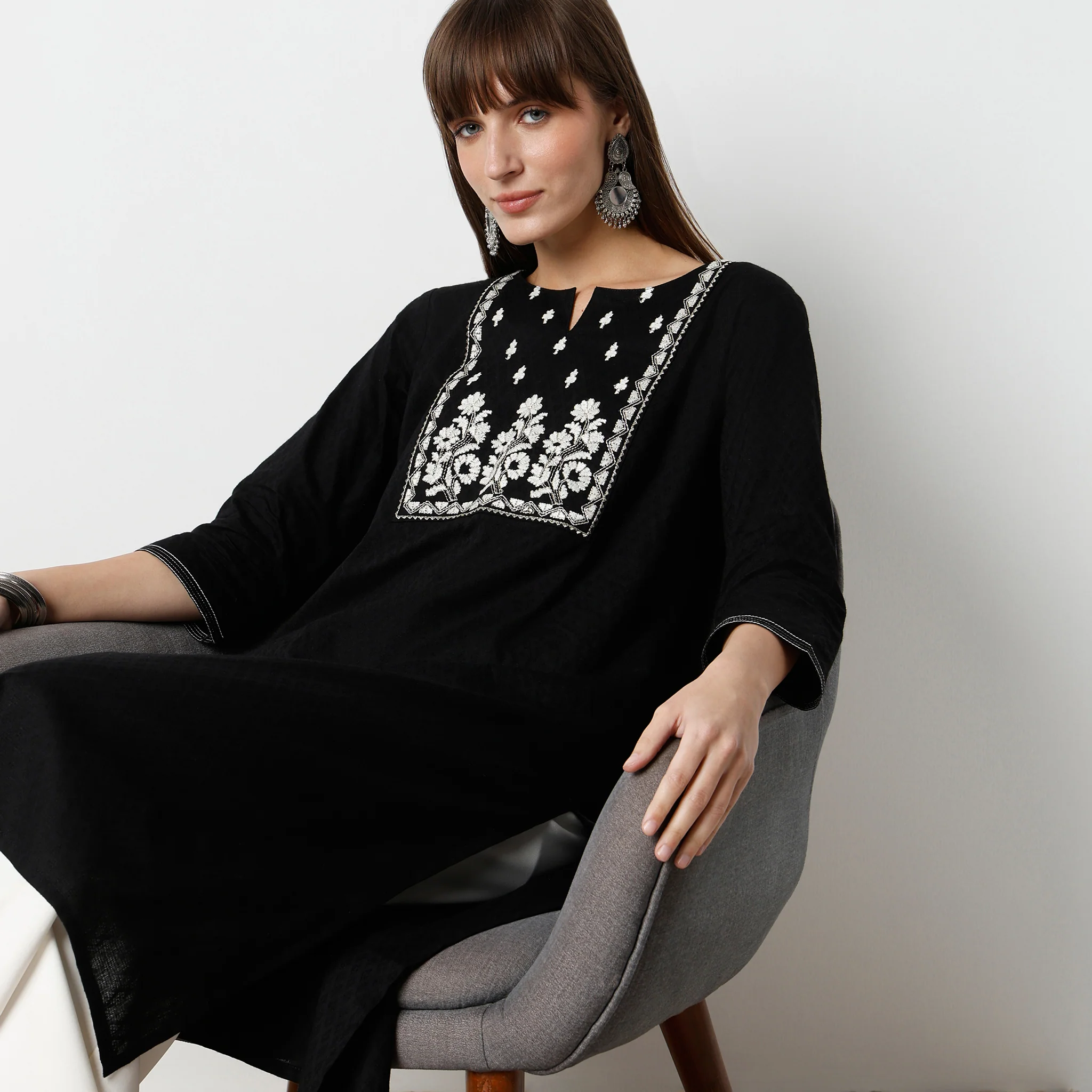 Straight Fit Calf Length Straight Embroidered Yoke - Cotton Dobby Long Kurta - Image 5