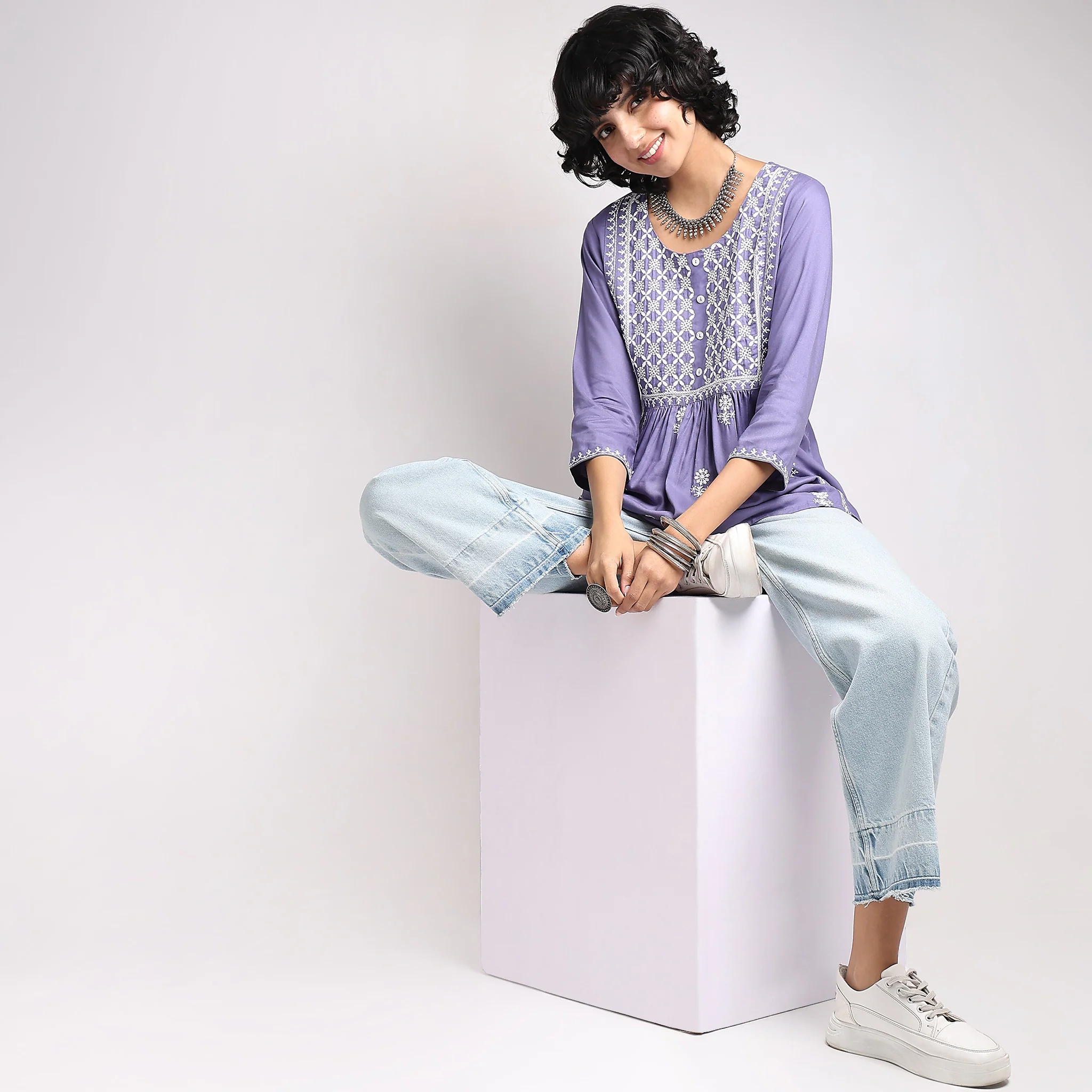 Straight Fit Embroidered Short Kurta