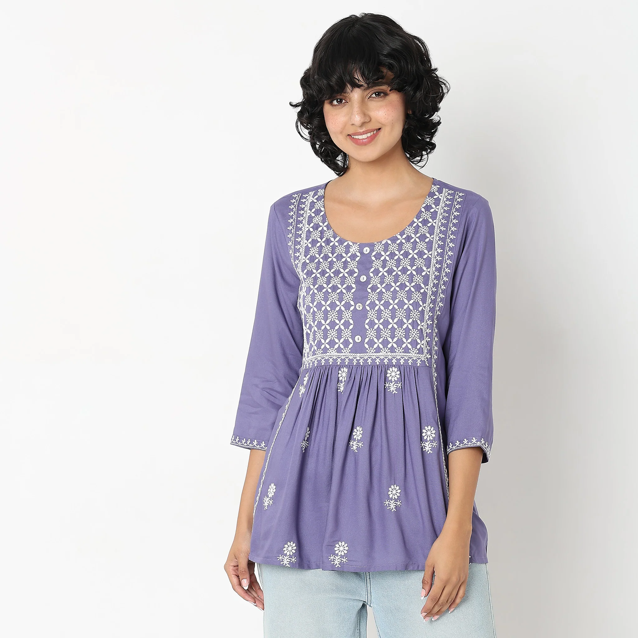 Straight Fit Embroidered Short Kurta - Image 2