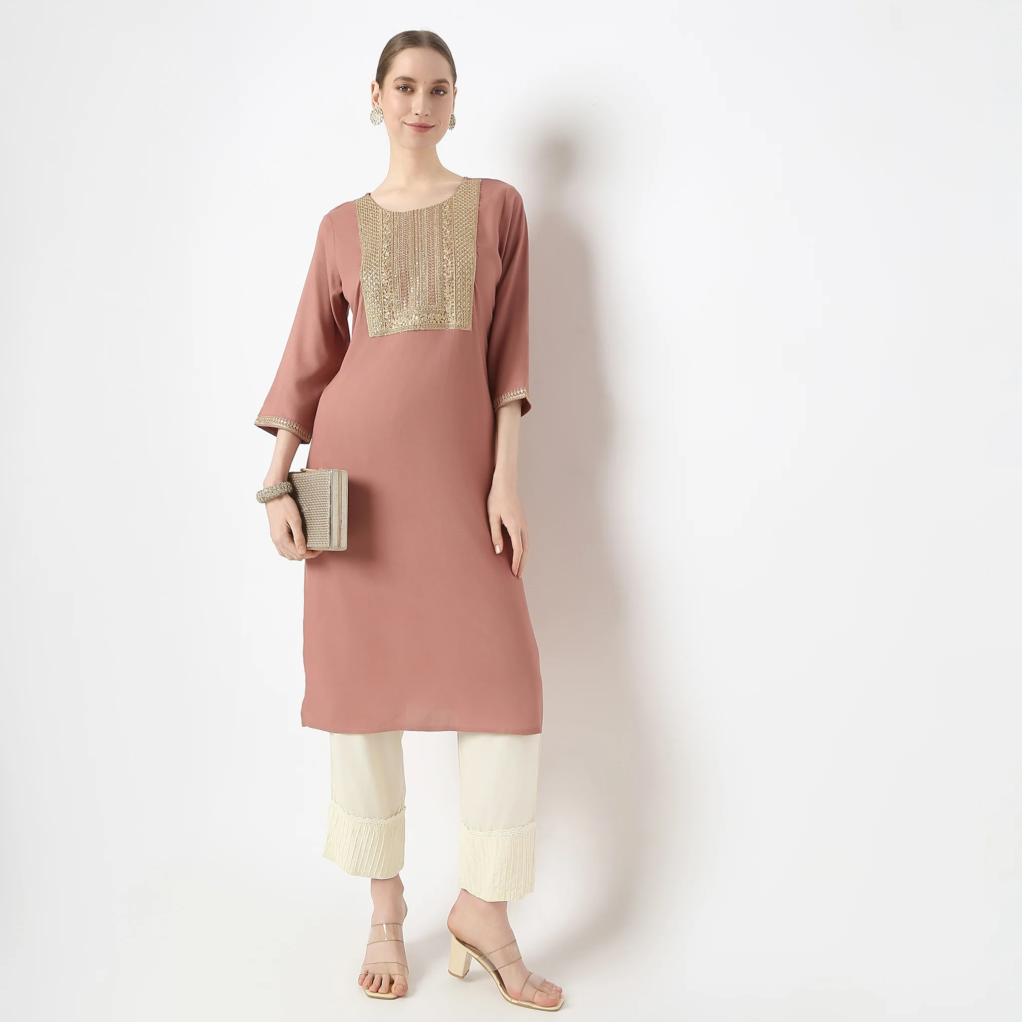 Straight Fit Embroidered Below Knee Kurta