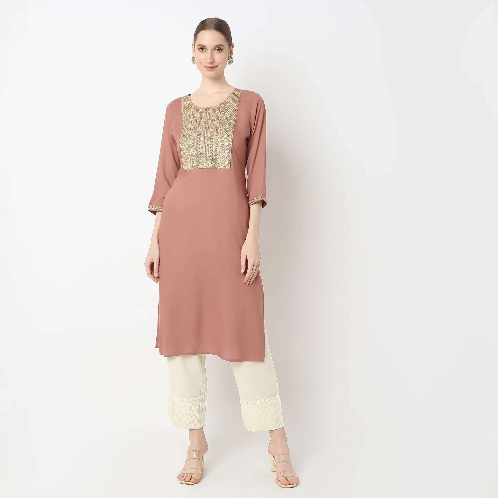 Straight Fit Embroidered Below Knee Kurta - Image 2