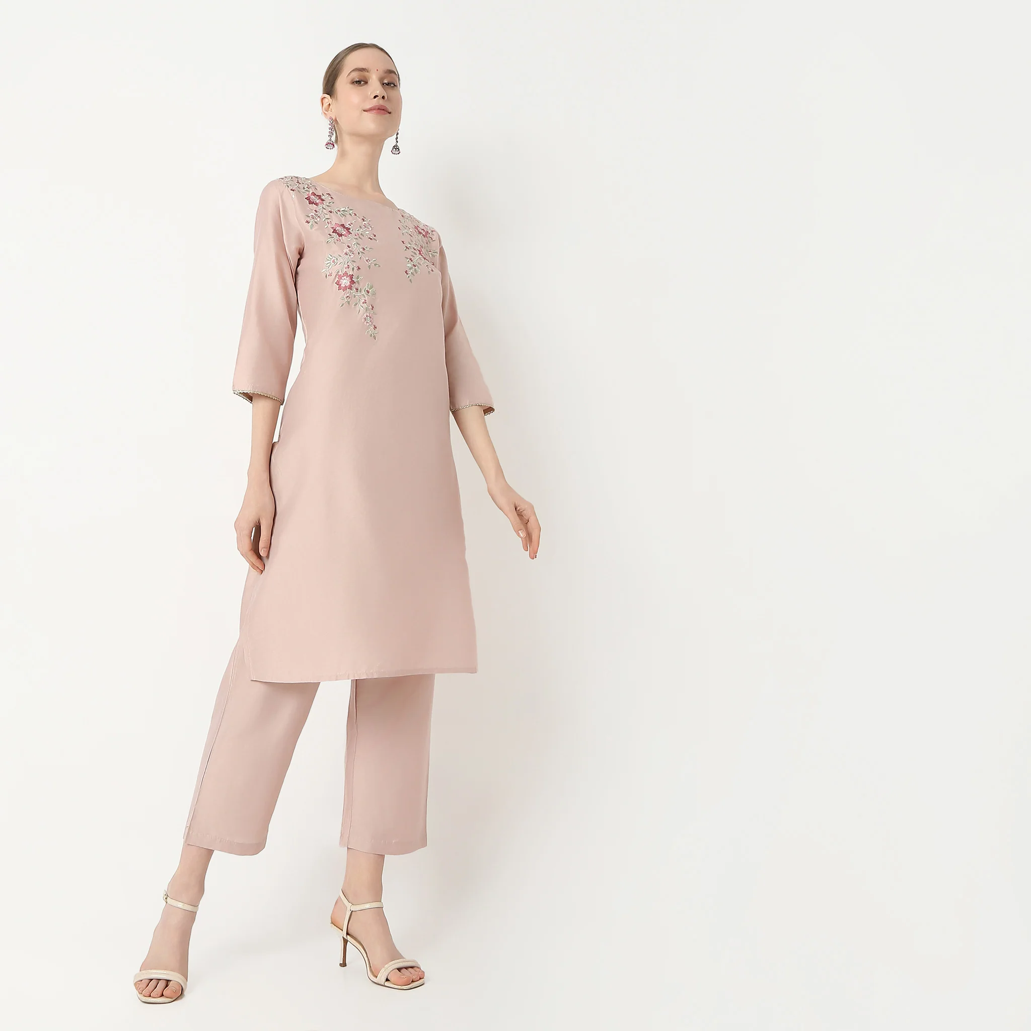 Straight Fit Embroidered Kurta With Pant Set