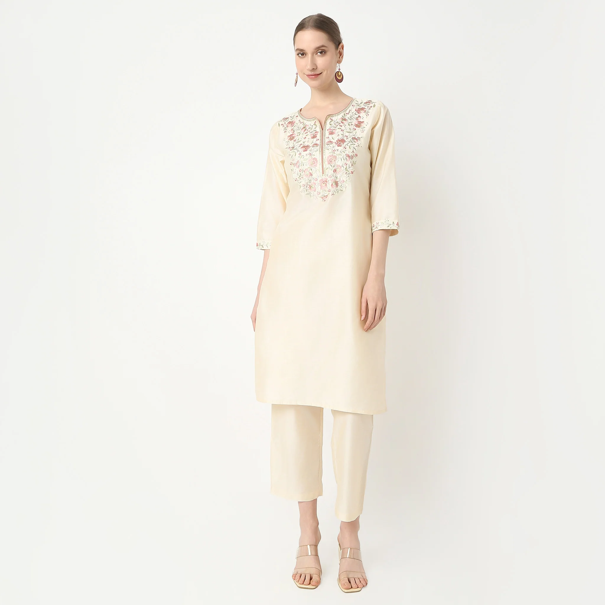 Straight Fit Embroidered Kurta With Pant Set - Image 2