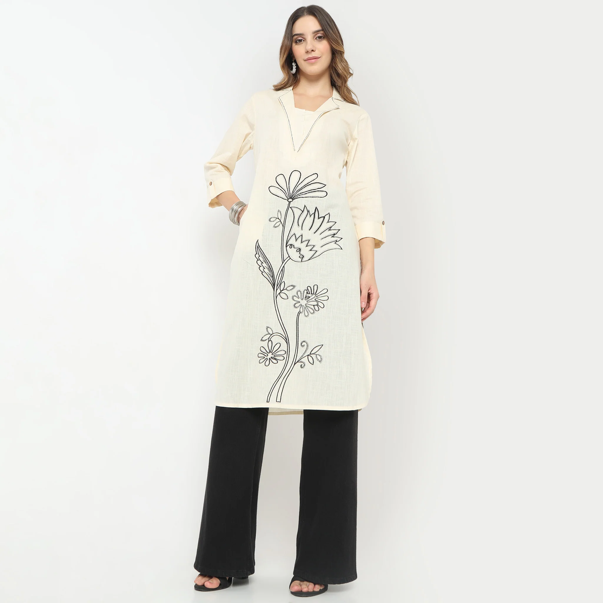 Straight Fit Embroidered Lapel Collar Straight Below Knee Kurta