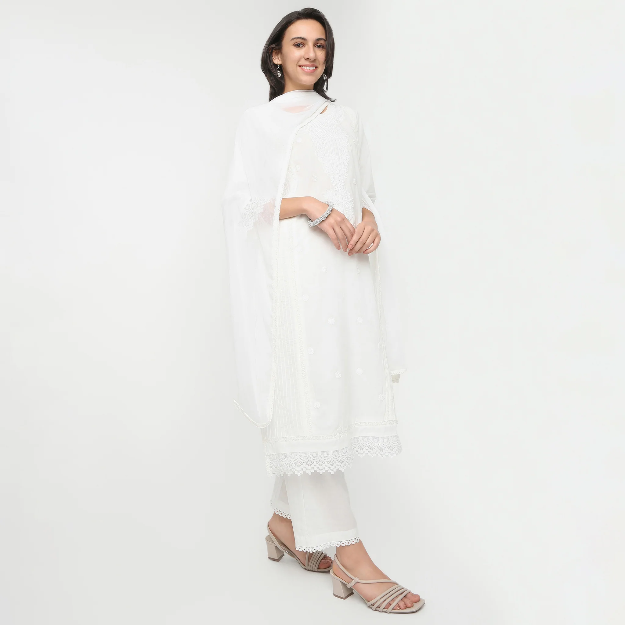 Round Neck Three-Fourth Sleeve Straight Fit Embroidered Kurta With Pant Set
