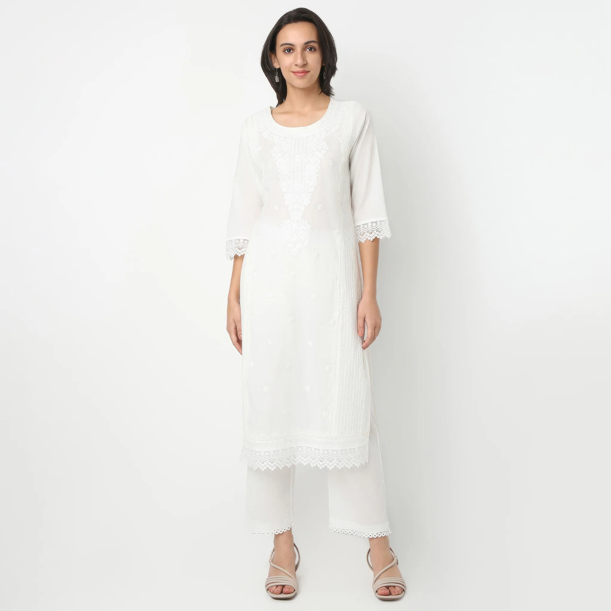 Round Neck Three-Fourth Sleeve Straight Fit Embroidered Kurta With Pant Set - Image 2
