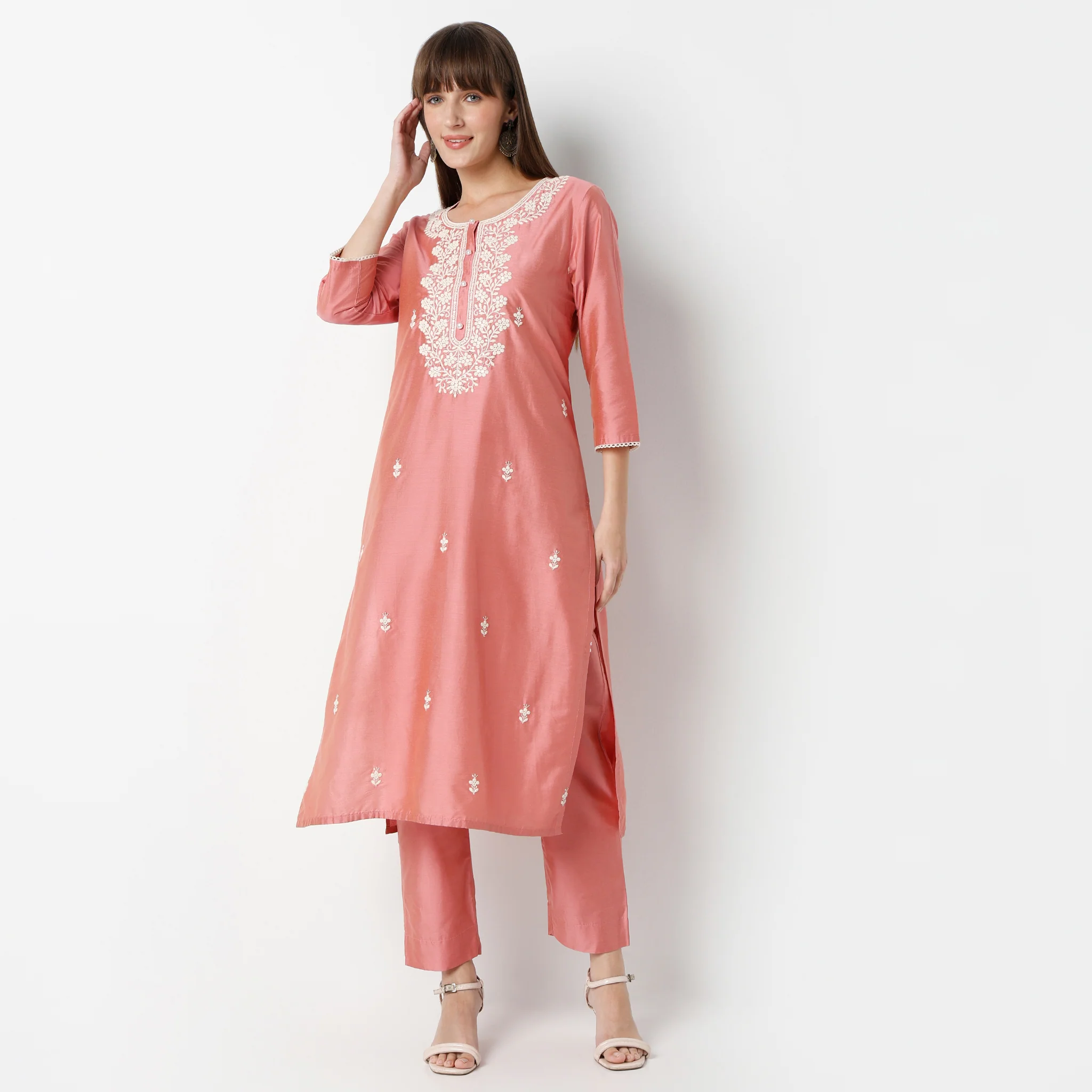 Straight Fit Embroidered Traditional Kurta And Pant With Dupatta Set