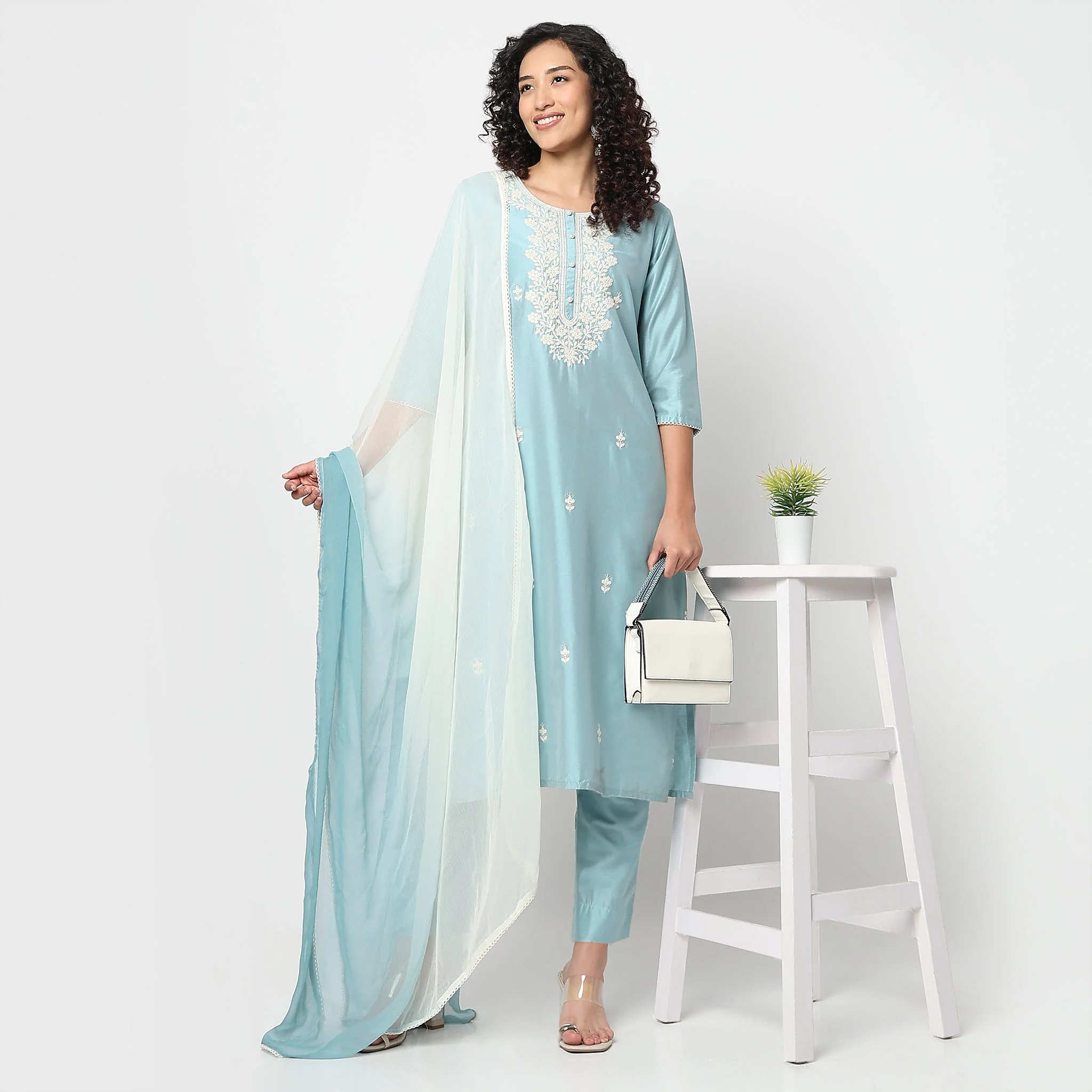 Straight Fit Embroidered Traditional Kurta And Pant With Dupatta Set - Image 7