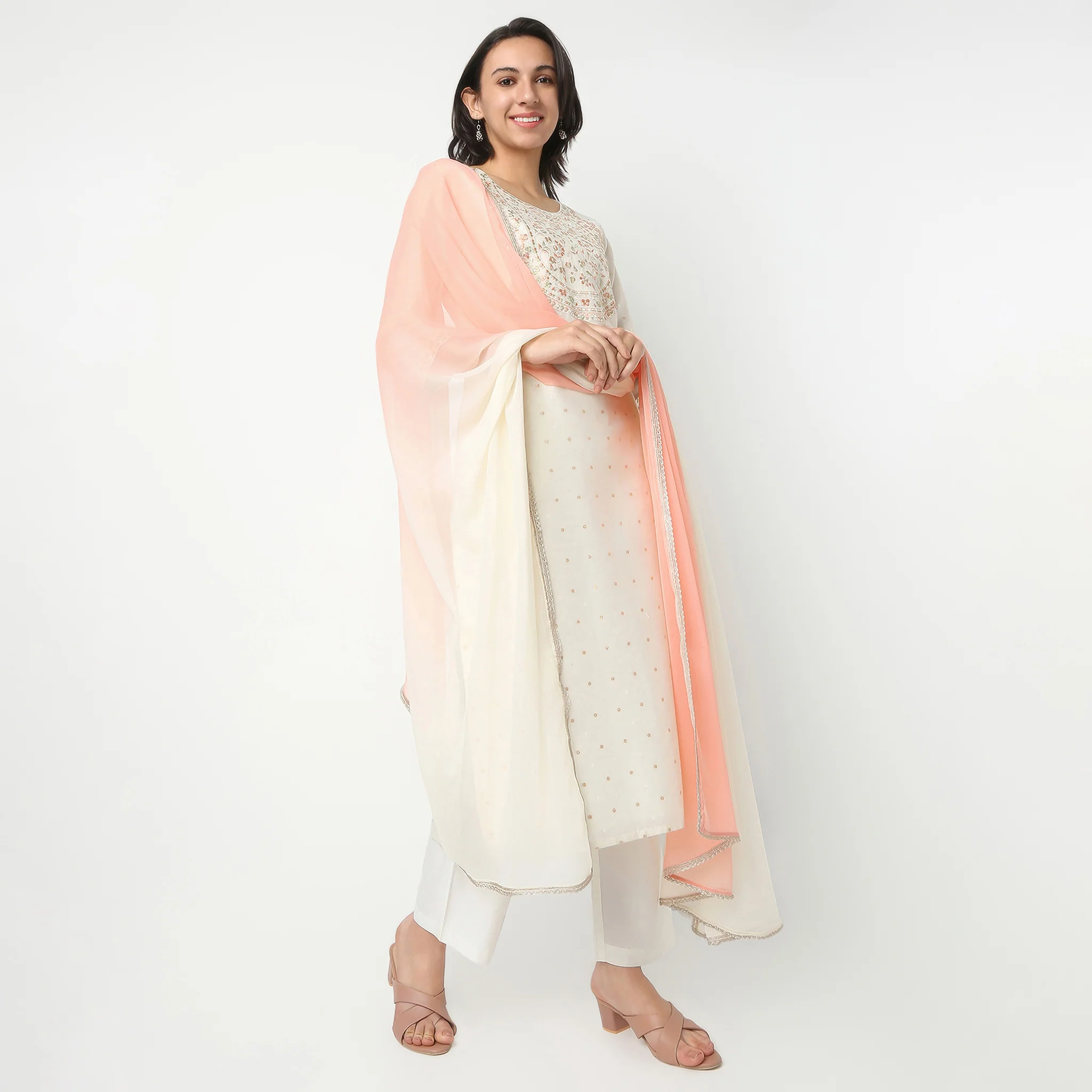 Round Neck Three-Fourth Sleeve Straight Fit Embroidered Kurta With Pant Set