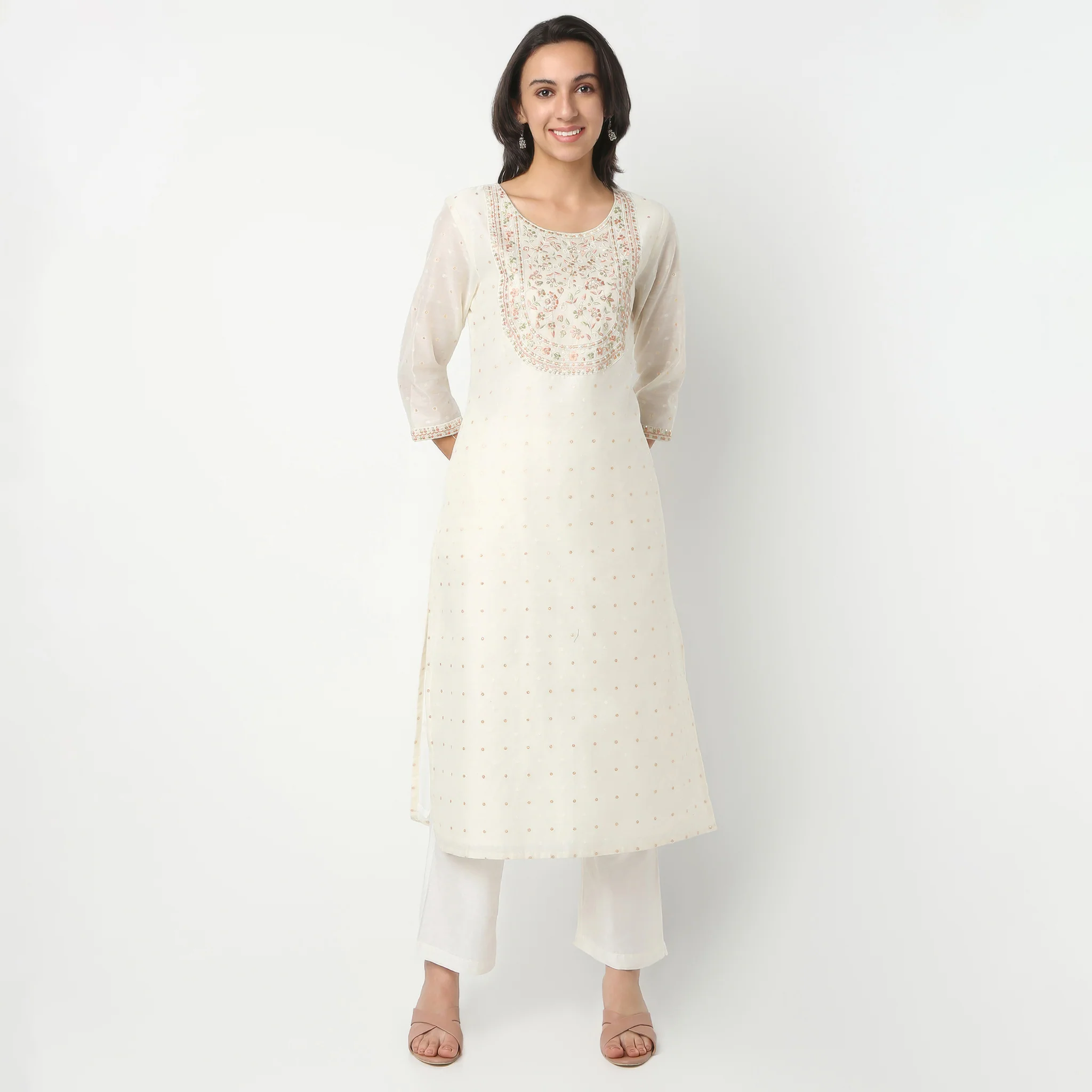 Round Neck Three-Fourth Sleeve Straight Fit Embroidered Kurta With Pant Set - Image 2