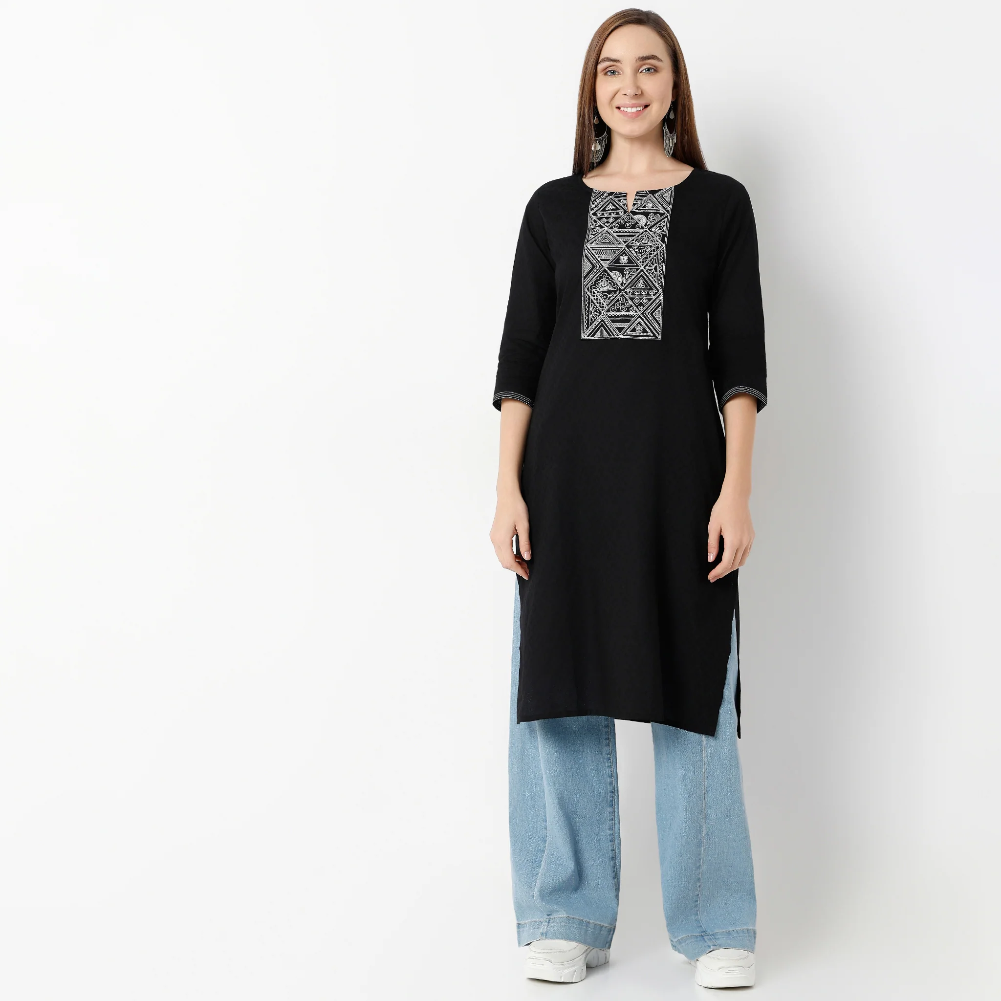 Straight Fit Calf Length Embroidered Kurta - Image 2