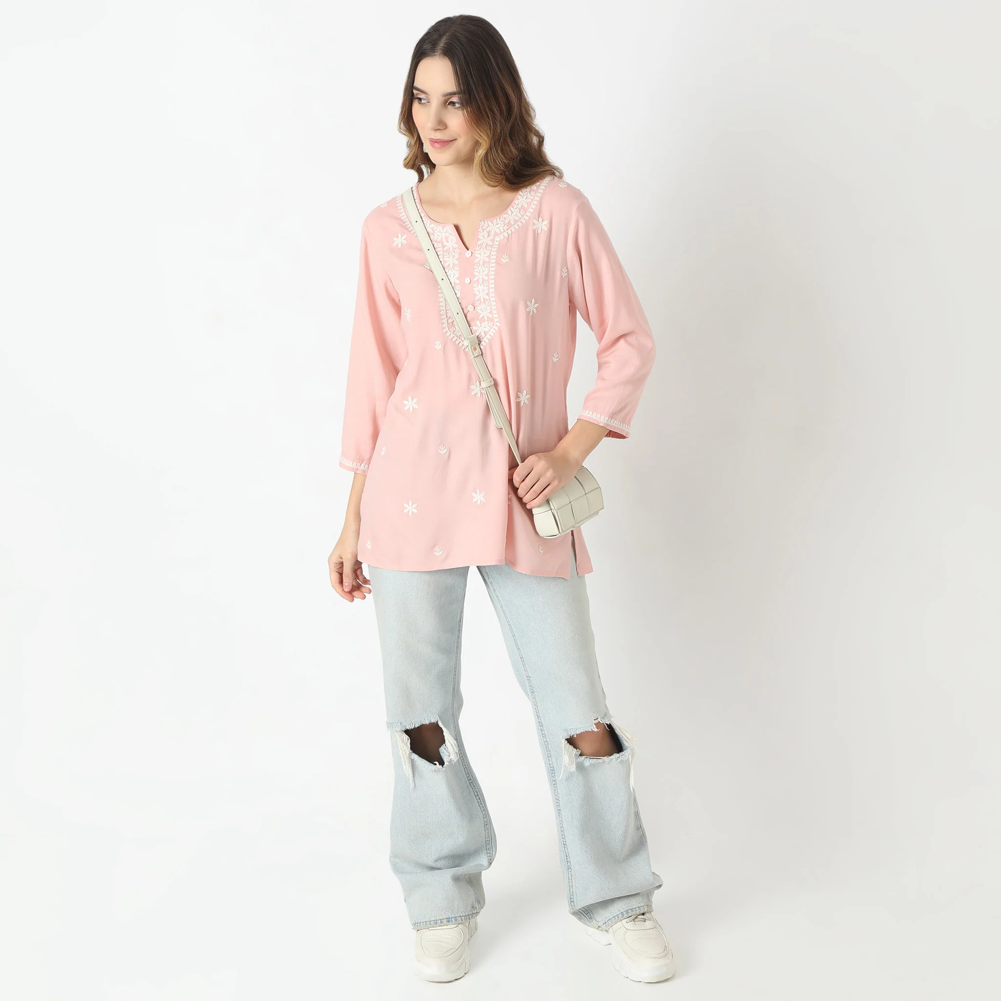 Straight Fit Embroidered Above Knee Short Kurta