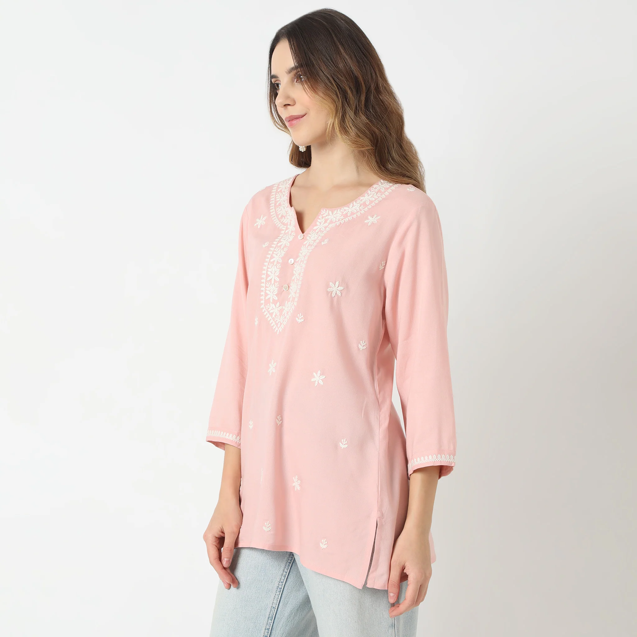 Straight Fit Embroidered Above Knee Short Kurta - Image 5