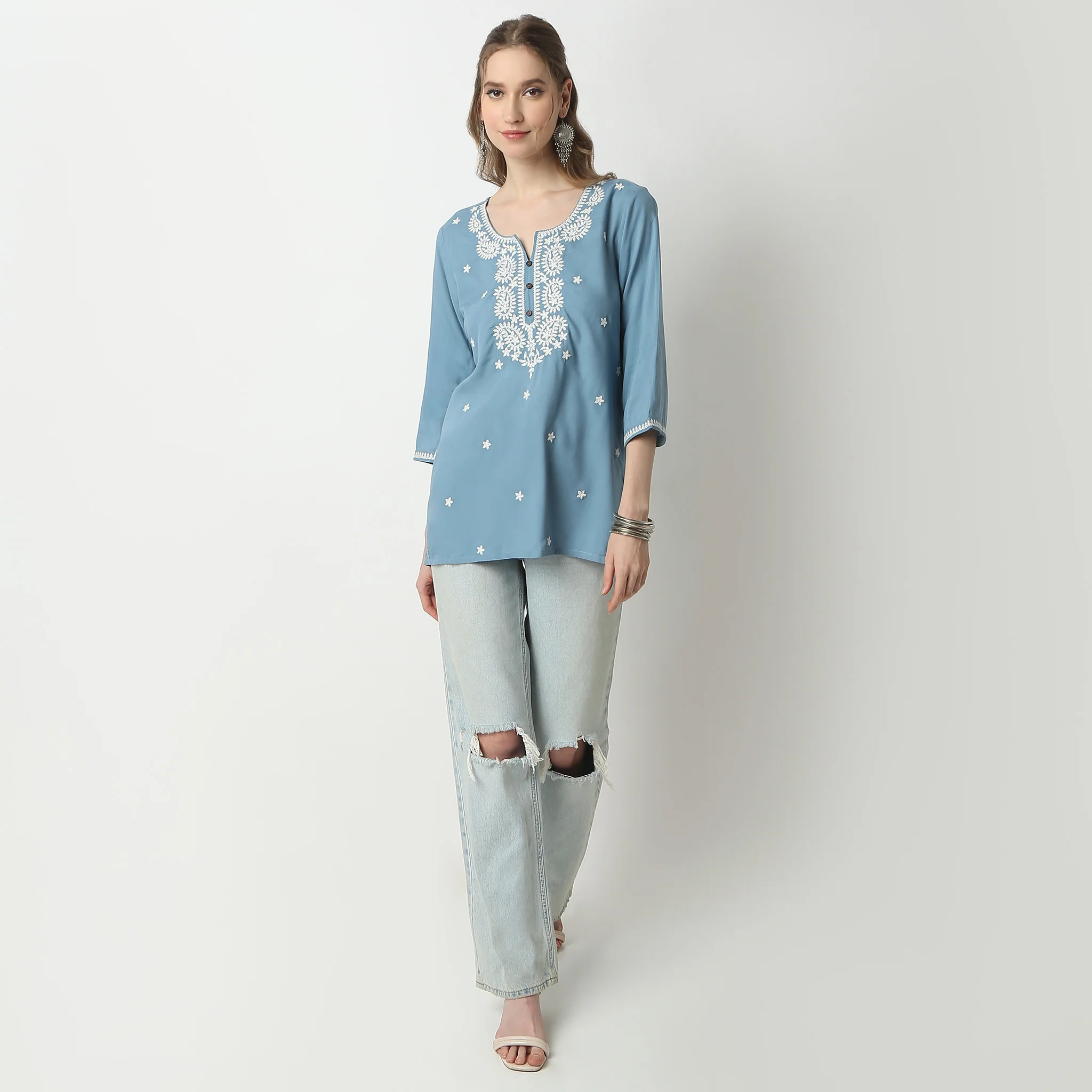 Straight Fit Embroidered Above Knee Short Kurta