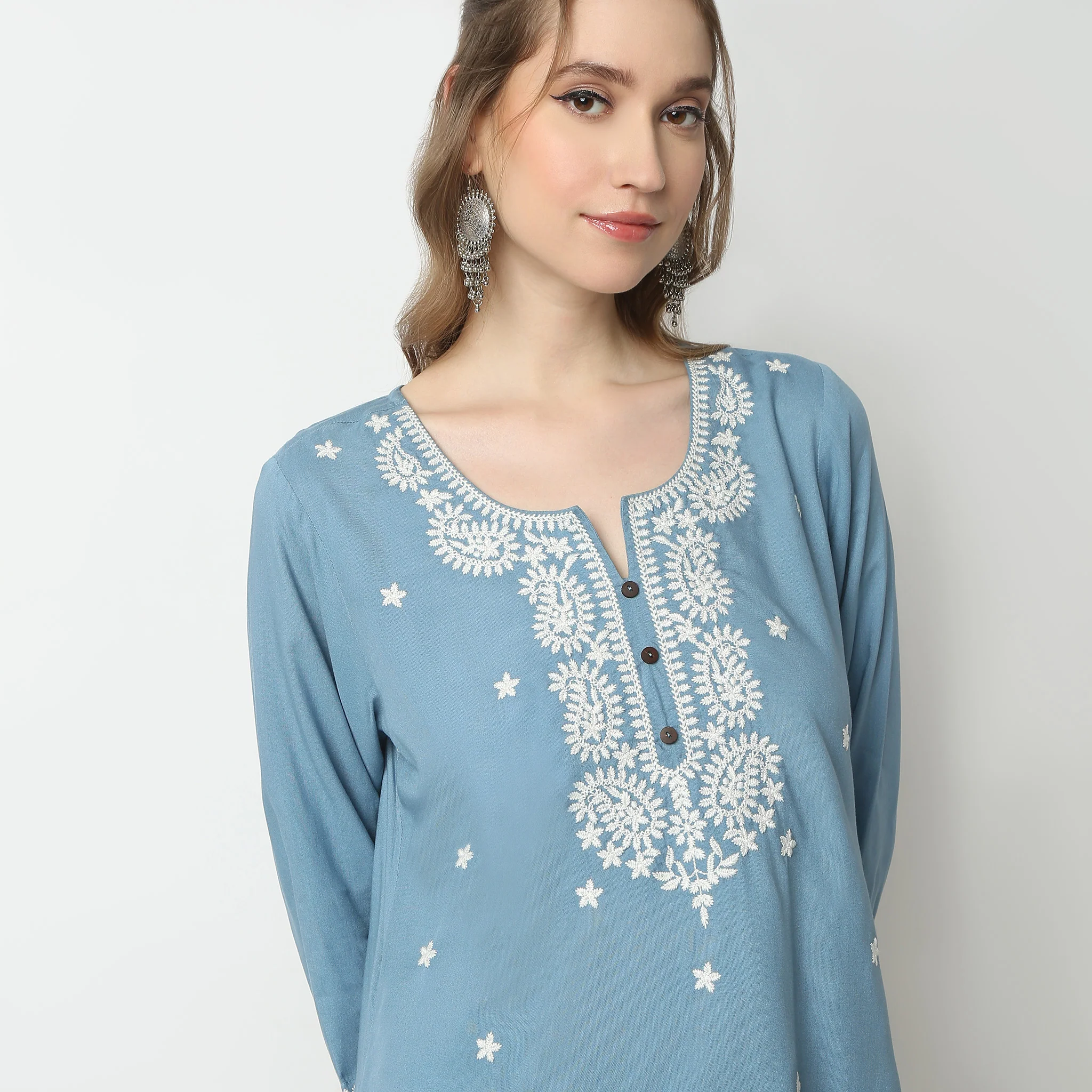 Straight Fit Embroidered Above Knee Short Kurta - Image 5