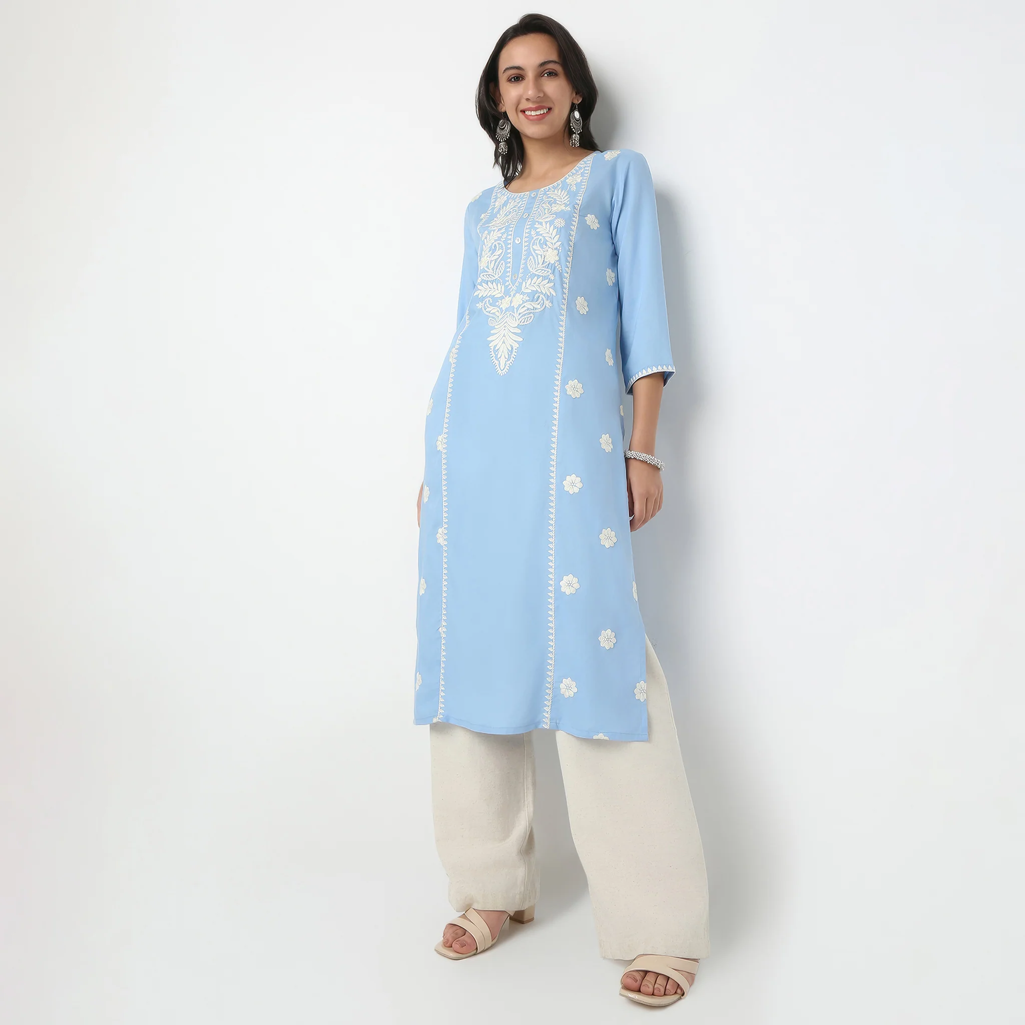 Round Neck Below Knee Three-Fourth Sleeve Straight Fit Embroidered Kurta