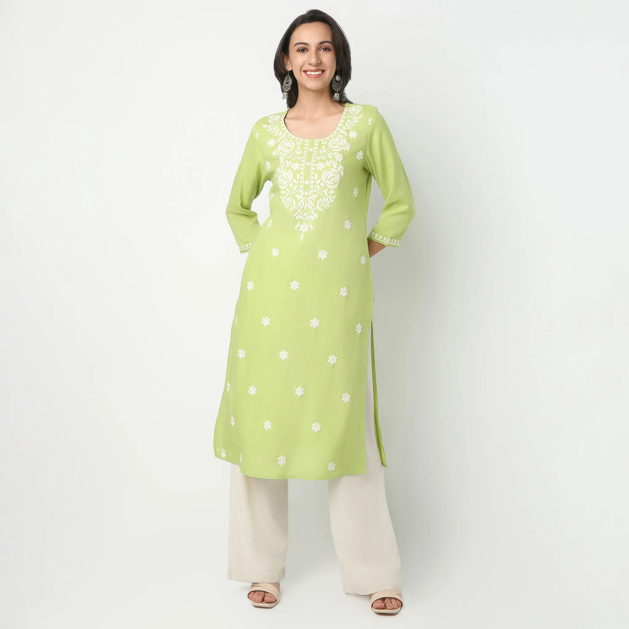 Round Neck Below Knee Three-Fourth Sleeve Straight Fit Embroidered Kurta - Image 2