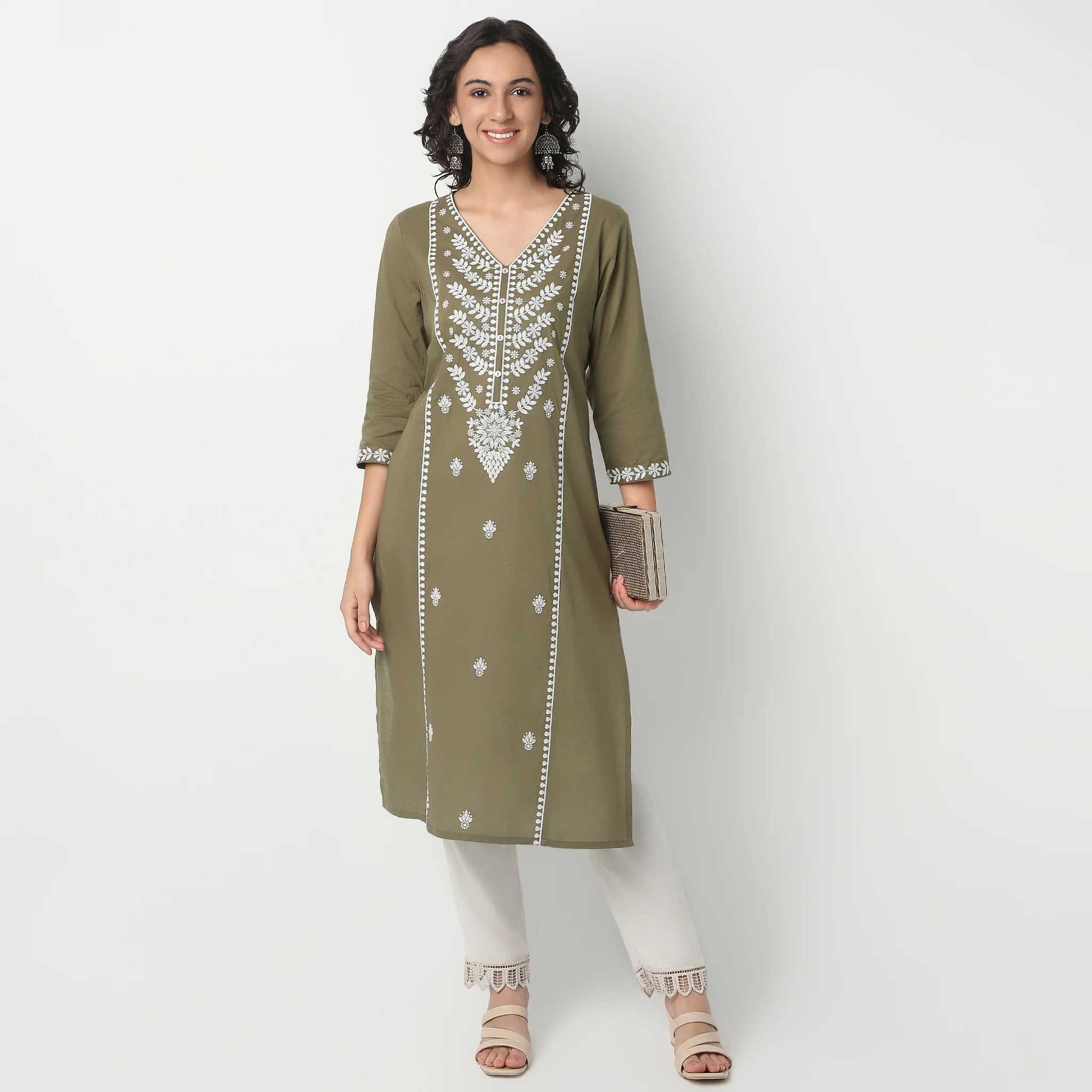 V-Neck Below Knee Three-Fourth Sleeve Straight Fit Embroidered Kurta - Image 2